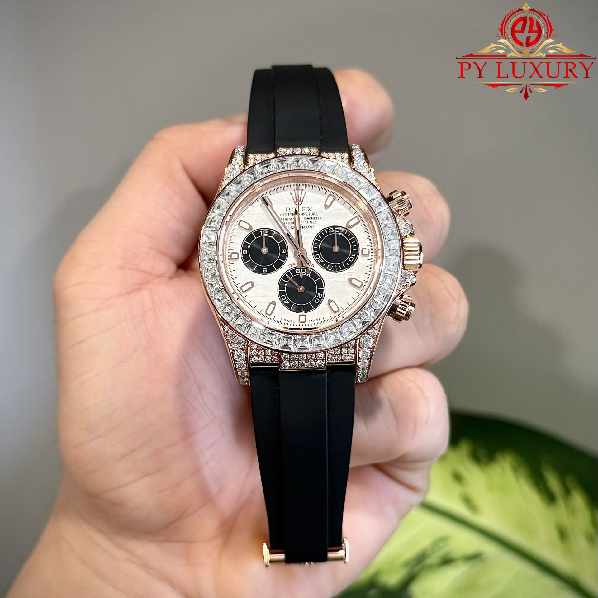 Rolex Daytona Meteorite Dial 18K Gold Plated Custom Baguette Moissanite Rubber Strap 40mm - Image 2
