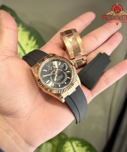 Rolex Sky-Dweller 326235 Rose Gold Slate Grey Dial Rubber Strap Replica 42mm