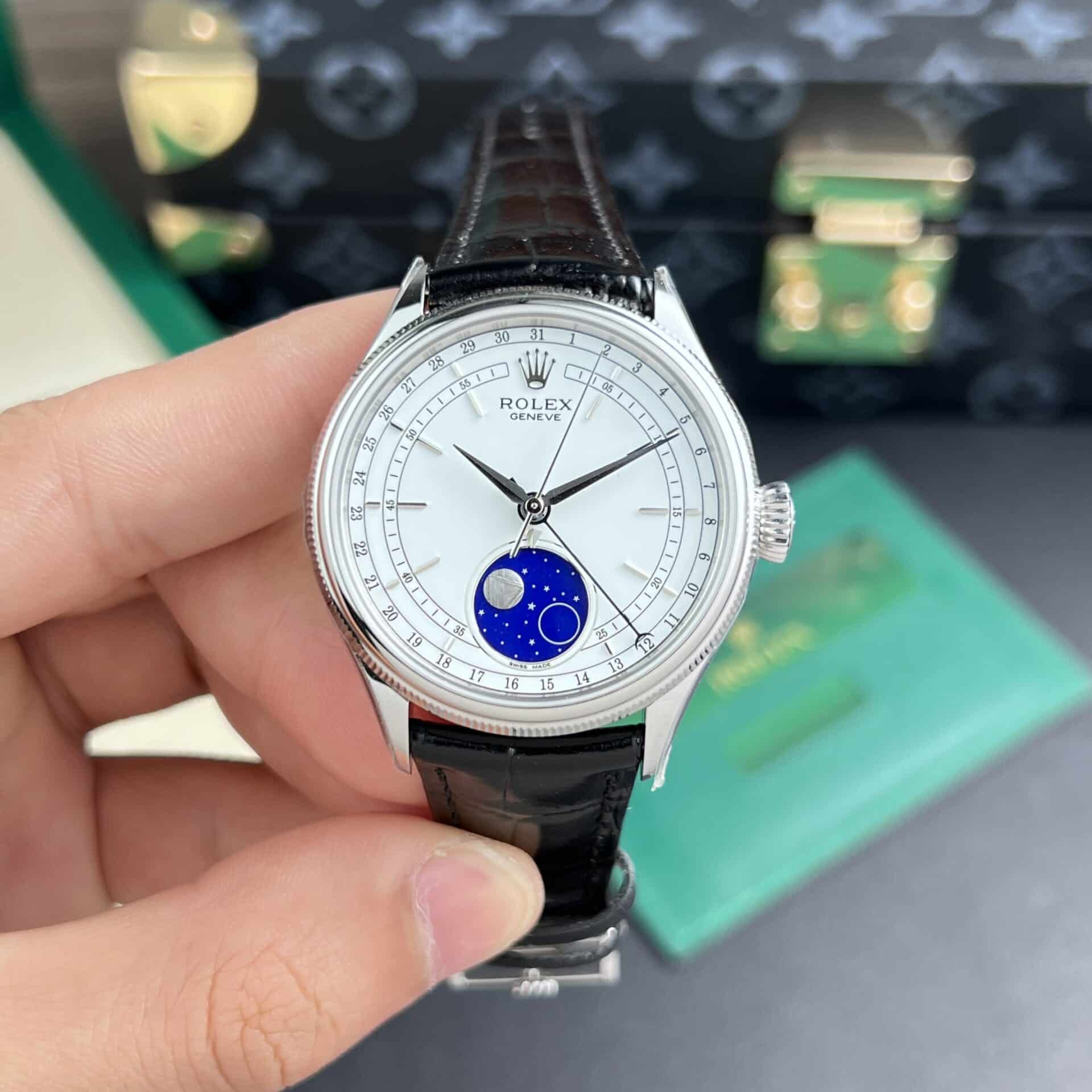 Rolex Cellini Moonphase White Gold Moonphase White Dial Leather Replica 39mm