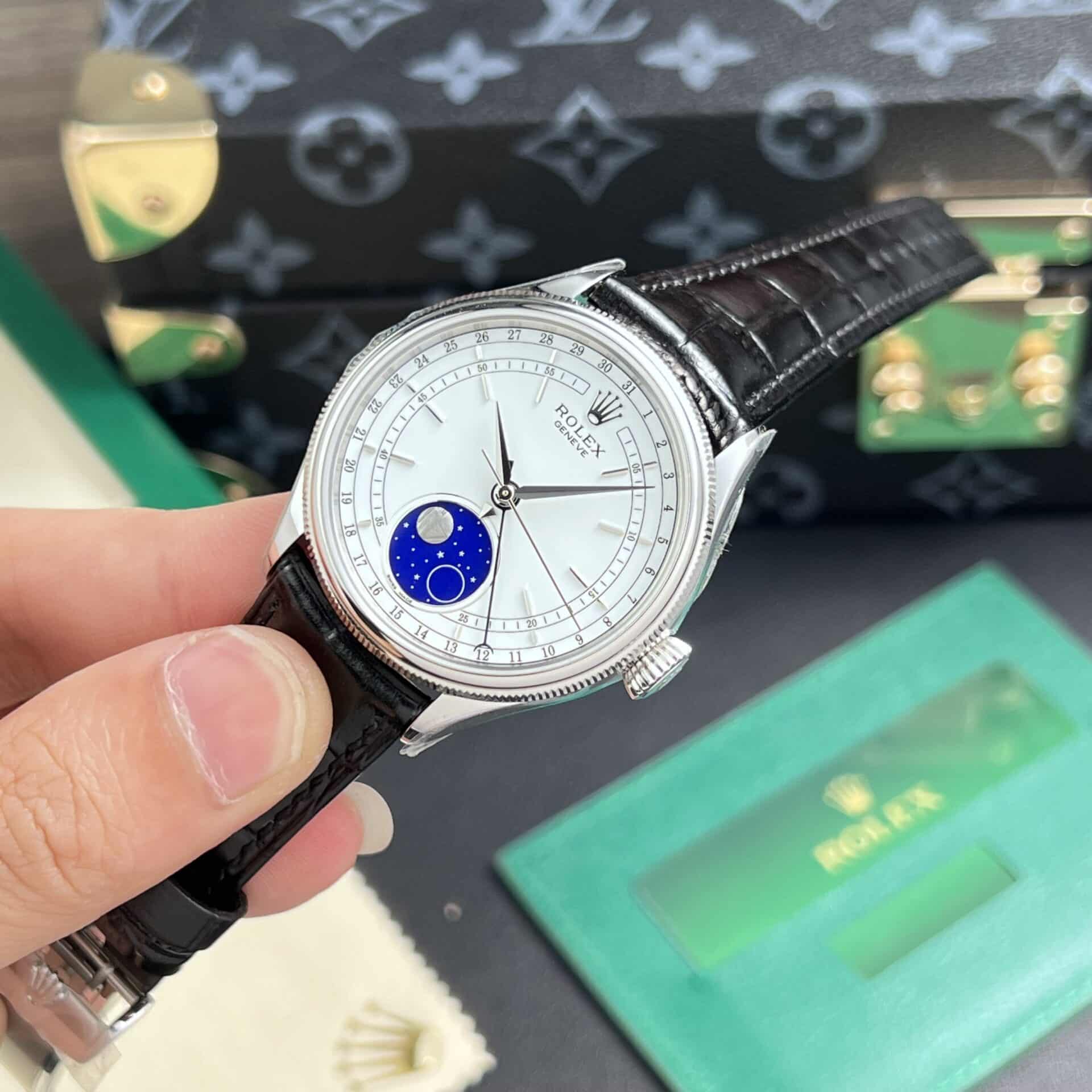 Rolex Cellini Moonphase White Gold Moonphase White Dial Leather Replica 39mm - Image 3
