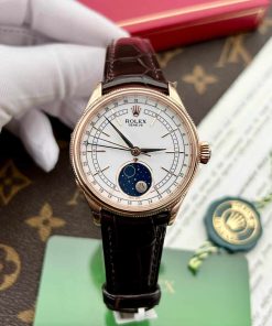 Rolex Cellini Moonphase 50535 Rose Gold Leather Best Replica 39mm