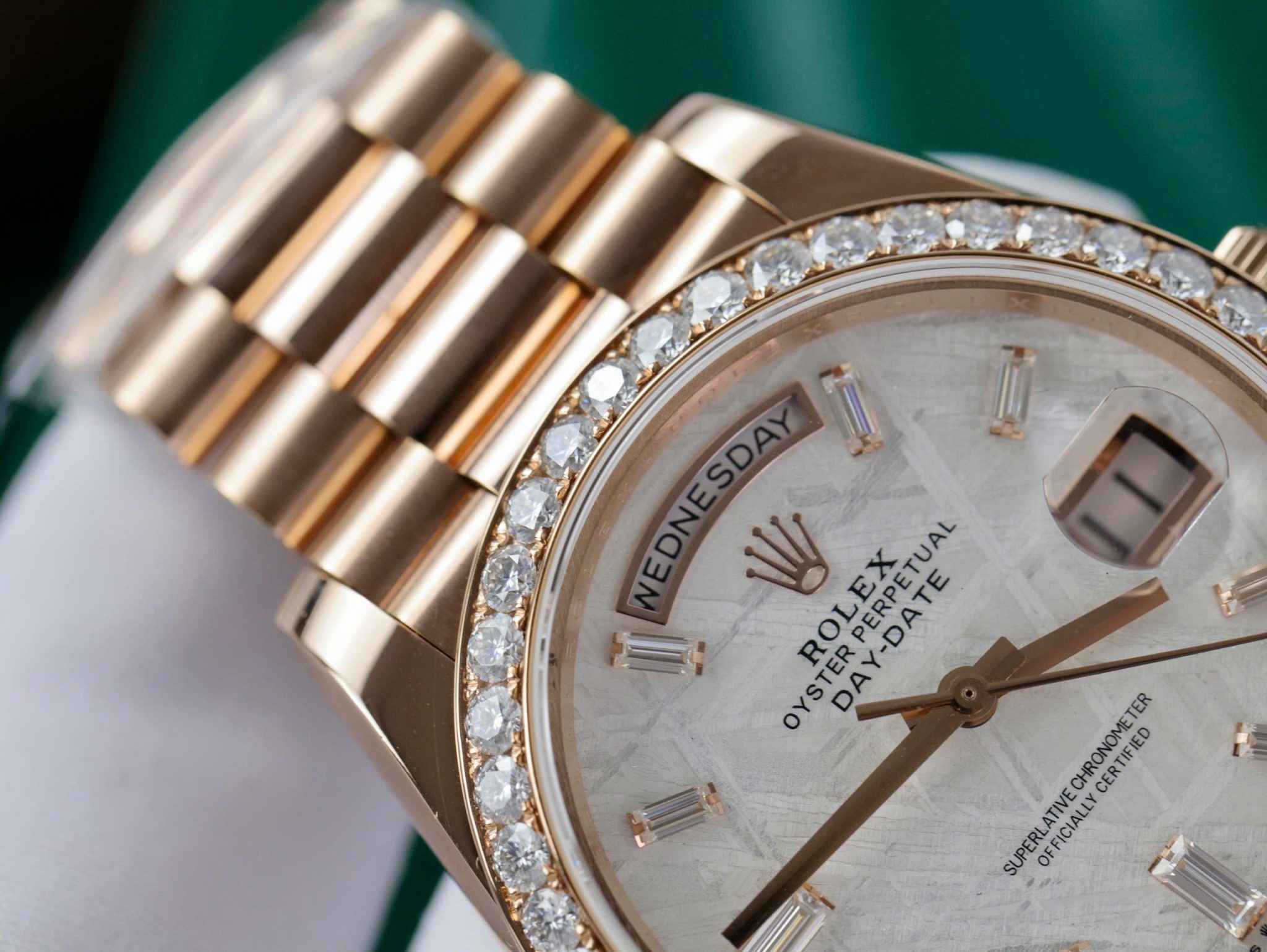 Rolex Day-Date 40 Meteorite Baguette Moissanite Dial 18K Rose Gold Wrapped Moissanite Bezel GMF V3 Best Replica 40mm - Image 5