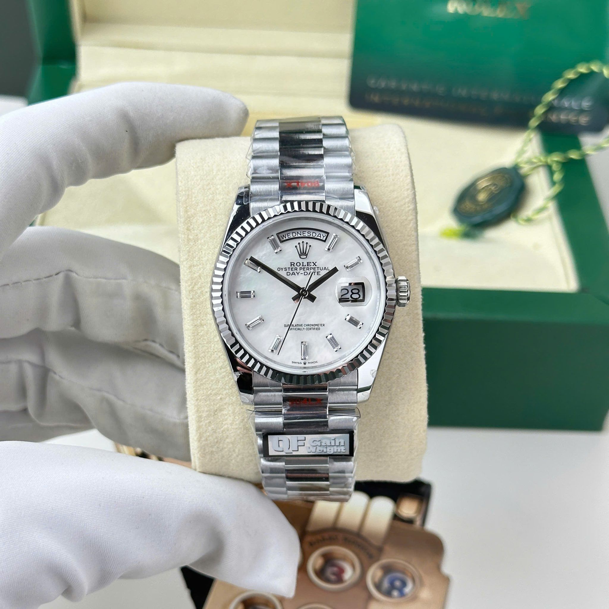 Rolex Day-Date 128239-0065 White MOP Dial Gain Weight 1:1 Replica QF 36mm