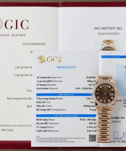 Rolex Day-Date 36 Chocolate Diamond & Ruby Dial 18K Rose Gold Wrapped Baguette Moissanite Bezel Best Replica 36mm