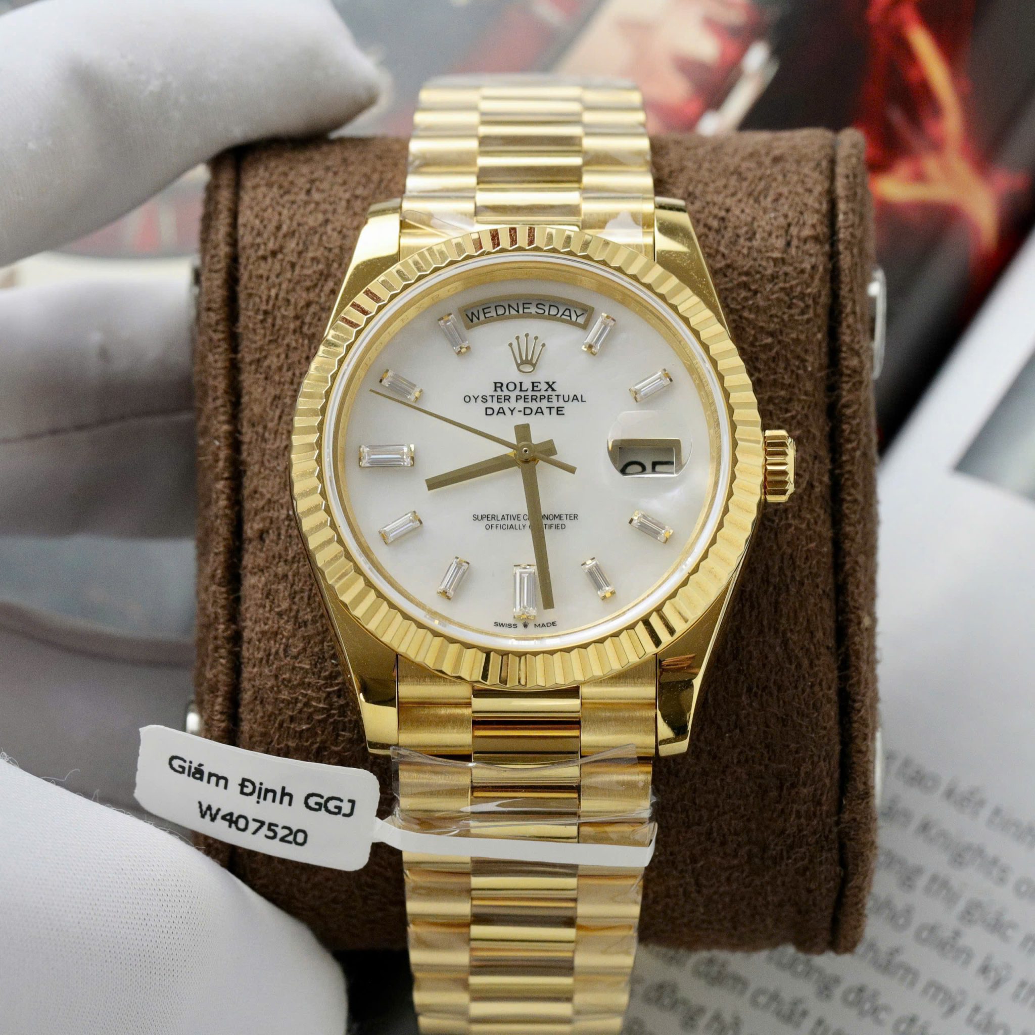 Rolex Day-Date 228238-0071 MOP Baguette Moissanite Index Dial 18K Yellow Gold Wrapped GMF V3 Best Replica 40mm - Image 2