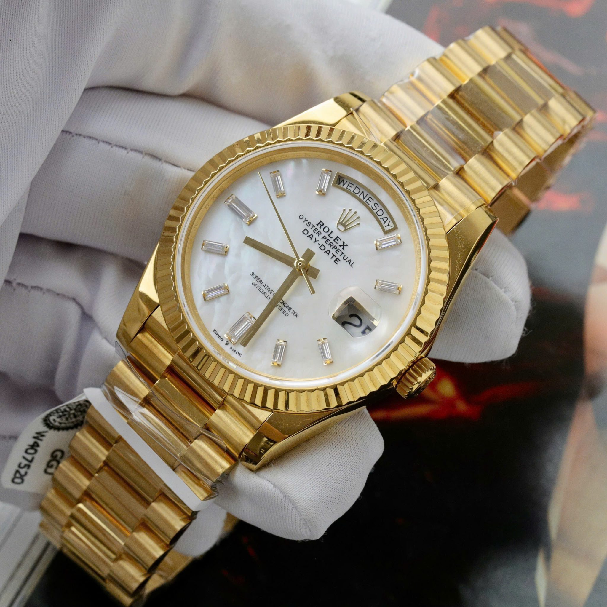 Rolex Day-Date 228238-0071 MOP Baguette Moissanite Index Dial 18K Yellow Gold Wrapped GMF V3 Best Replica 40mm - Image 4