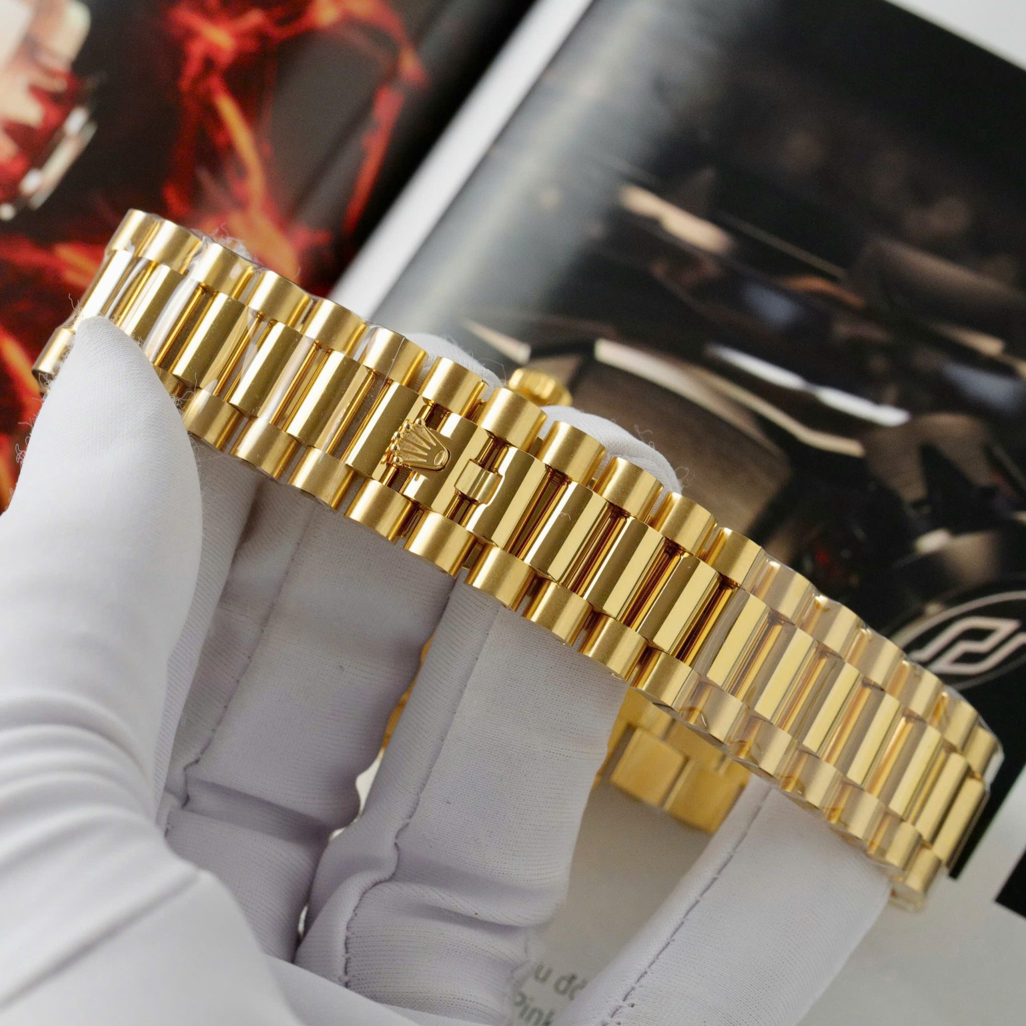 Rolex Day-Date 228238-0071 MOP Baguette Moissanite Index Dial 18K Yellow Gold Wrapped GMF V3 Best Replica 40mm - Image 12