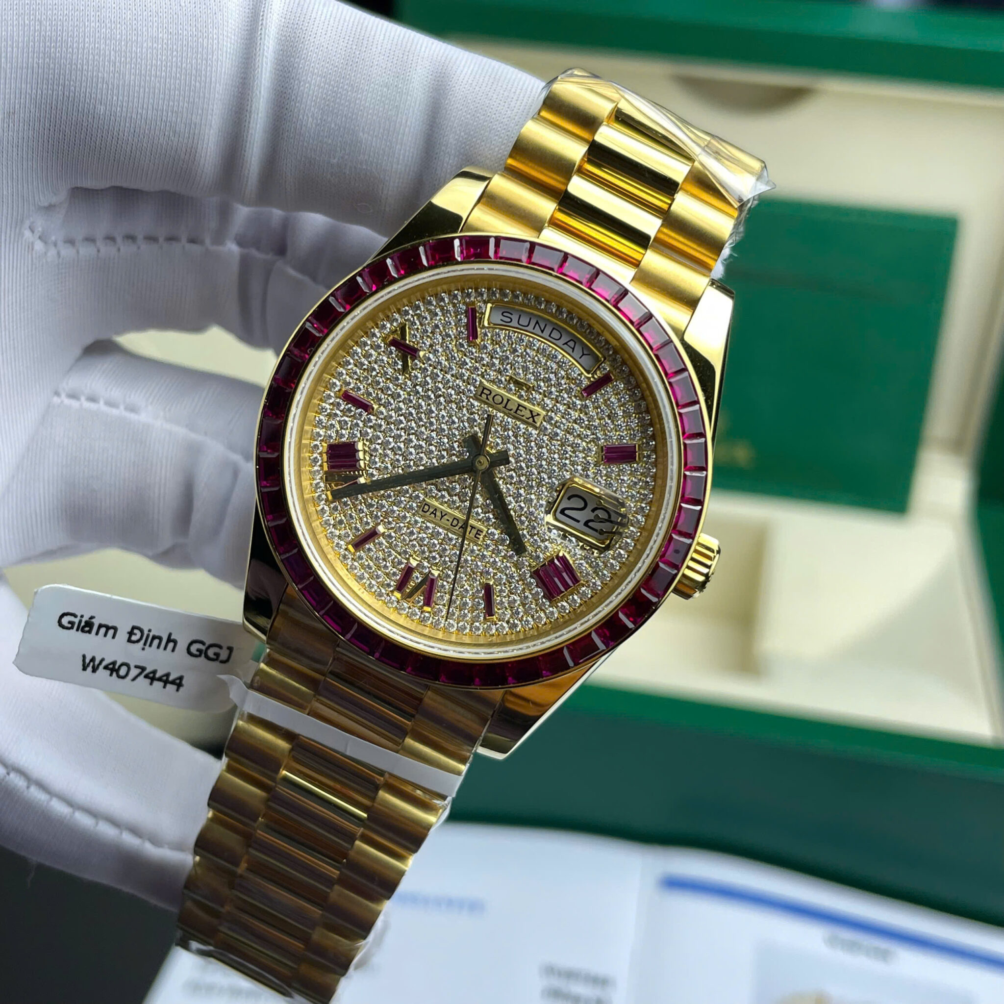 Rolex Day-Date 228398TRU 18K Yellow Gold Wrapped Custom Moissanite Dial Ruby Bezel Best Replica 40mm - Image 3