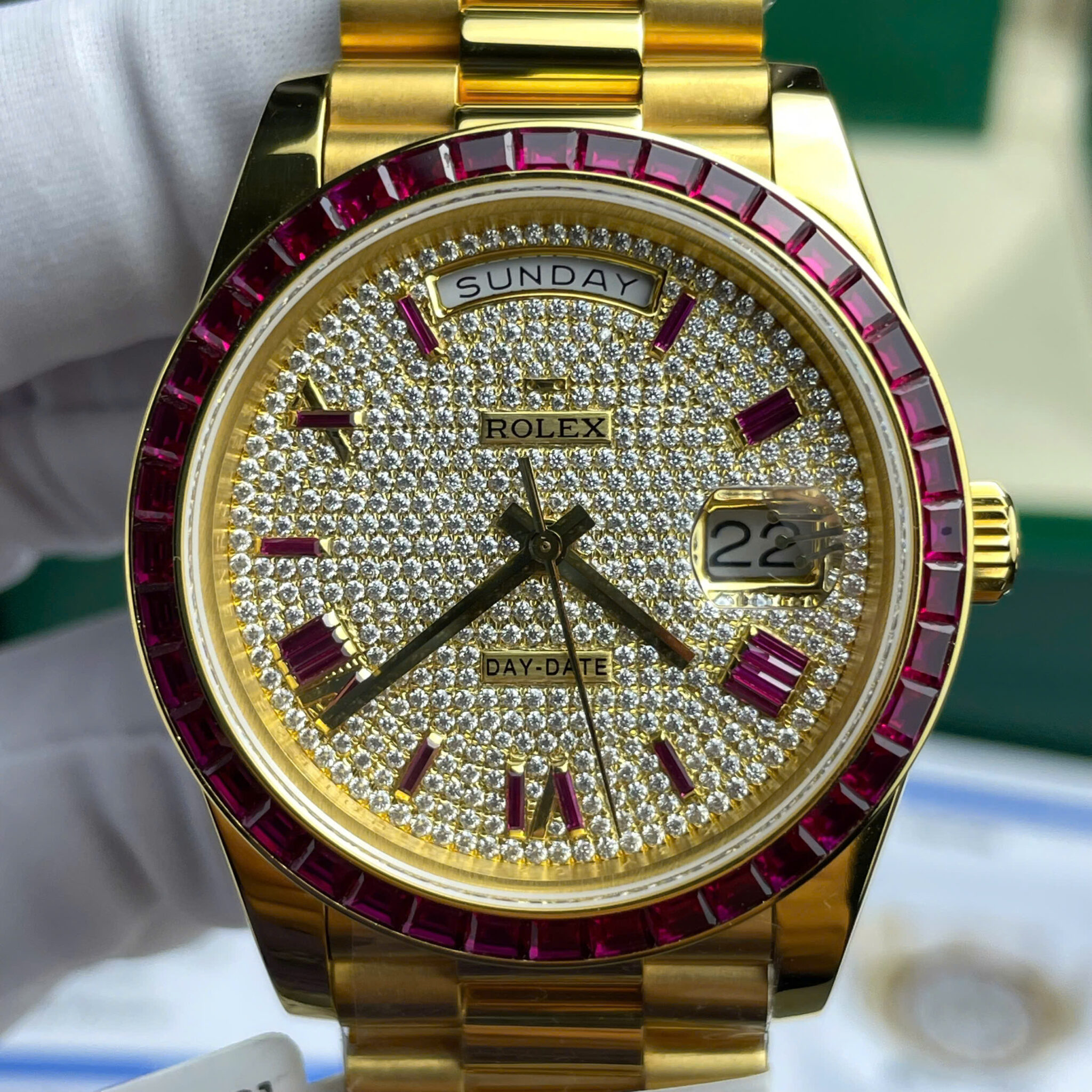 Rolex Day-Date 228398TRU 18K Yellow Gold Wrapped Custom Moissanite Dial Ruby Bezel Best Replica 40mm - Image 4