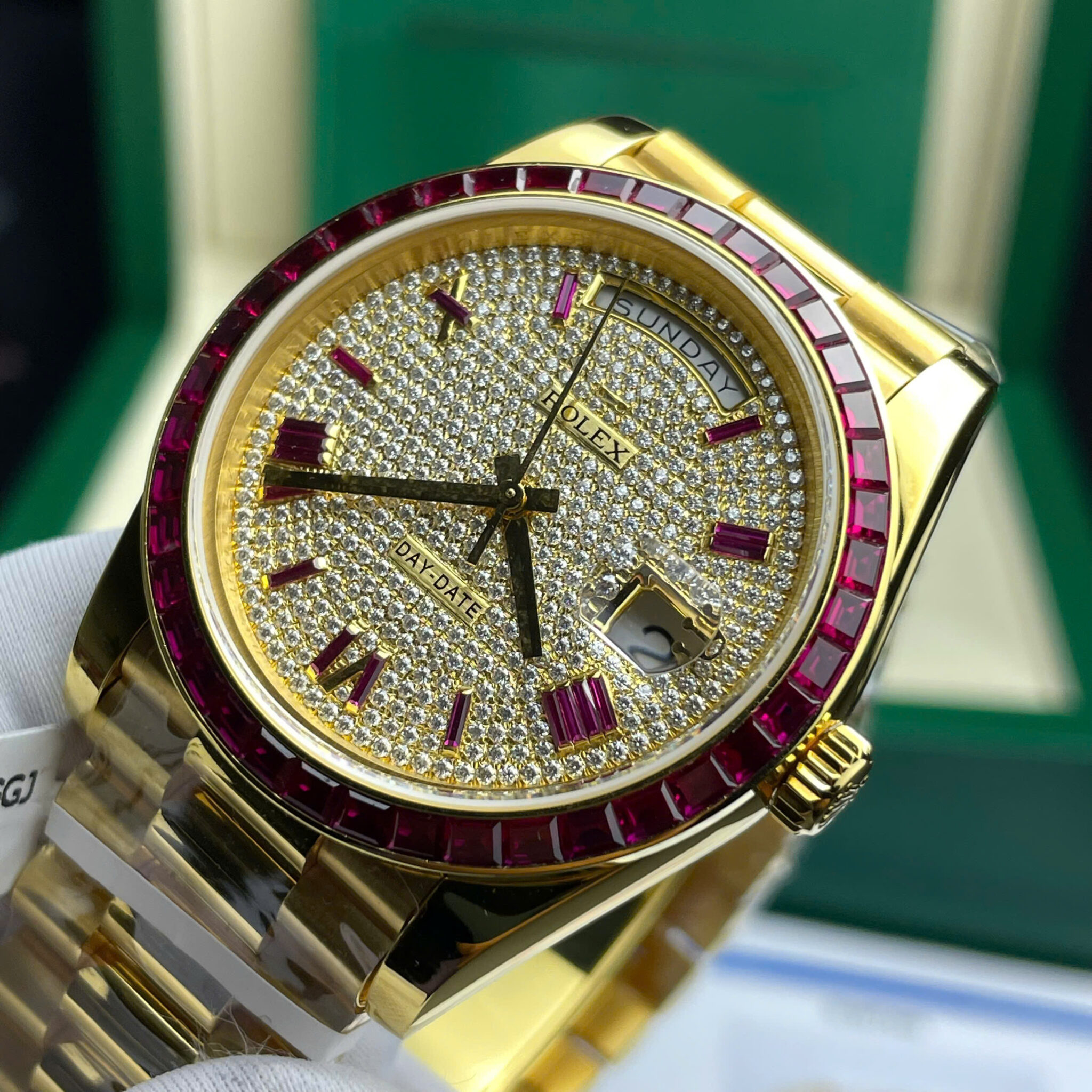 Rolex Day-Date 228398TRU 18K Yellow Gold Wrapped Custom Moissanite Dial Ruby Bezel Best Replica 40mm - Image 5
