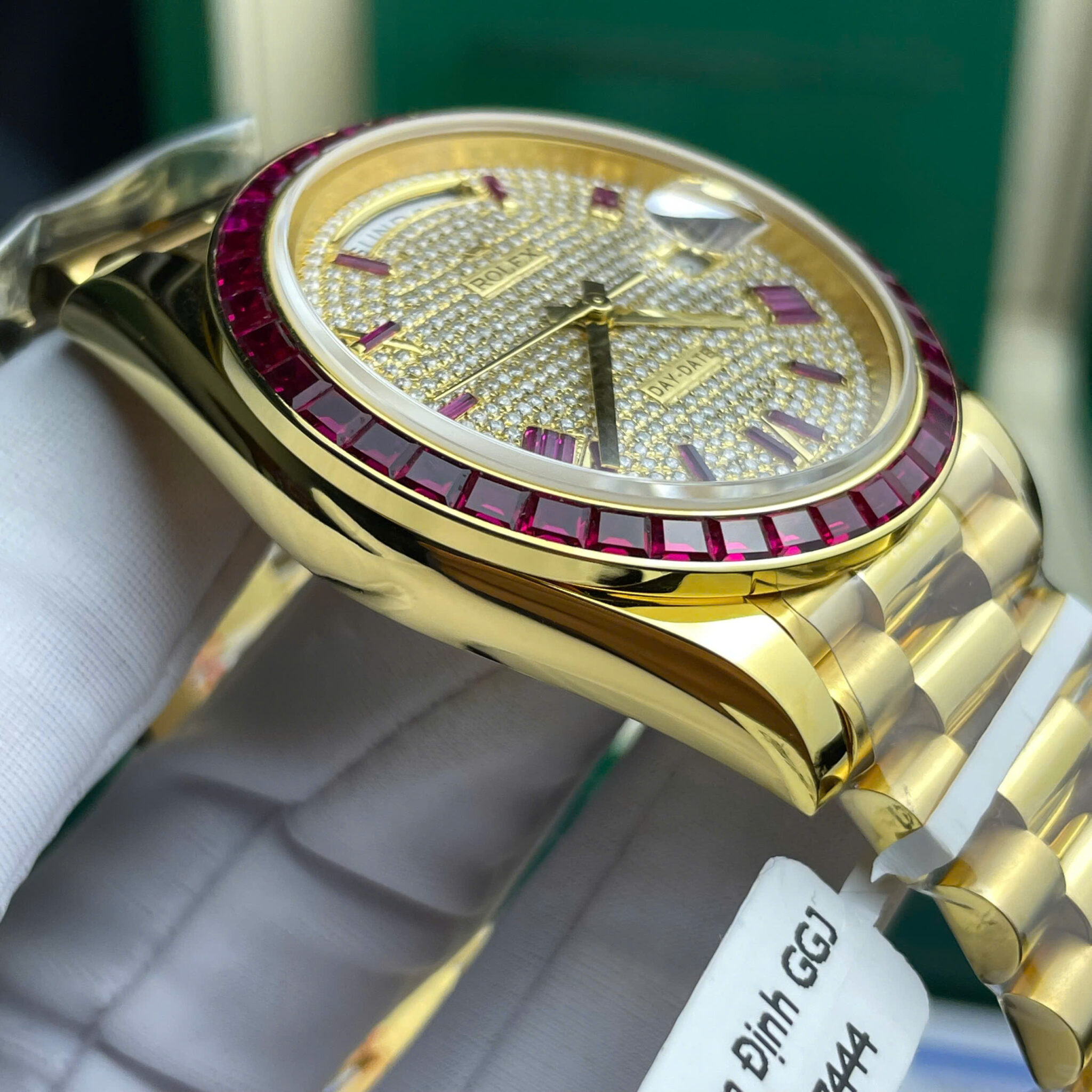 Rolex Day-Date 228398TRU 18K Yellow Gold Wrapped Custom Moissanite Dial Ruby Bezel Best Replica 40mm - Image 6