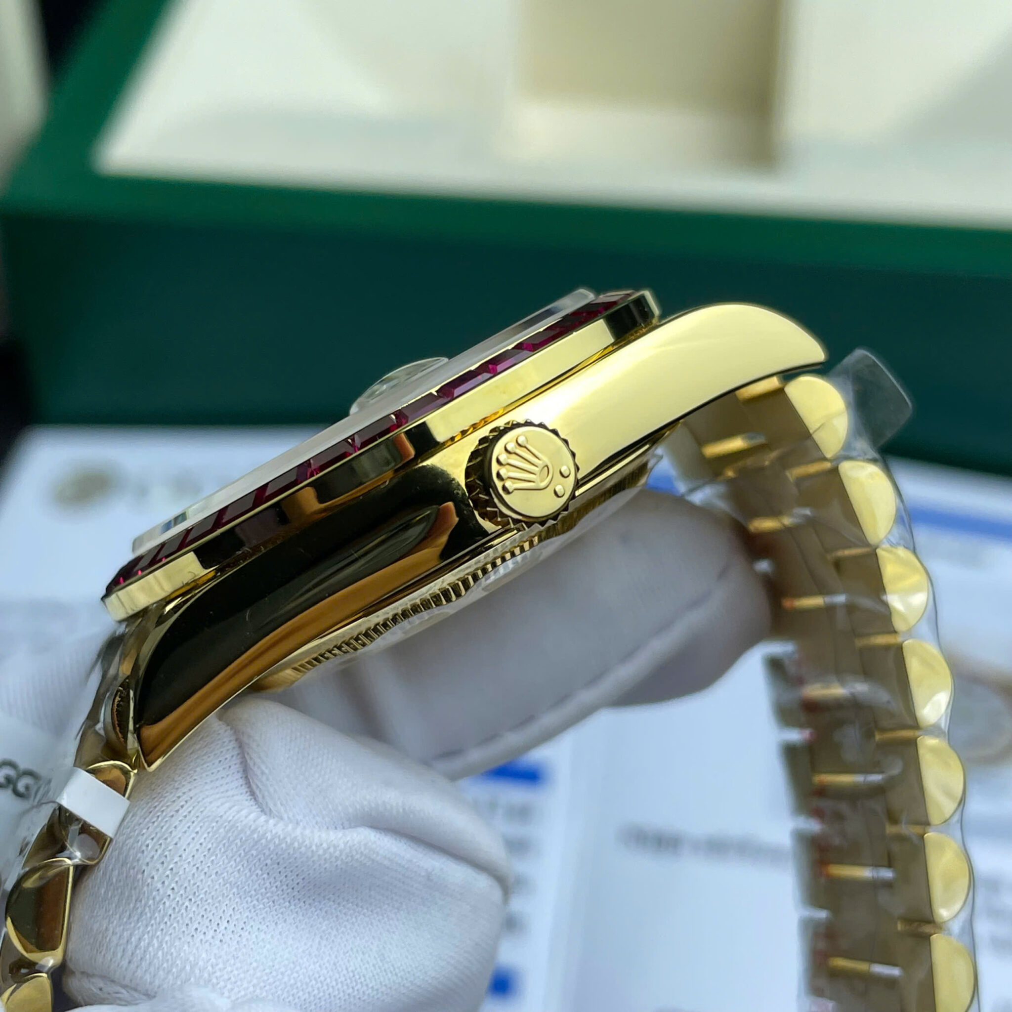 Rolex Day-Date 228398TRU 18K Yellow Gold Wrapped Custom Moissanite Dial Ruby Bezel Best Replica 40mm - Image 7