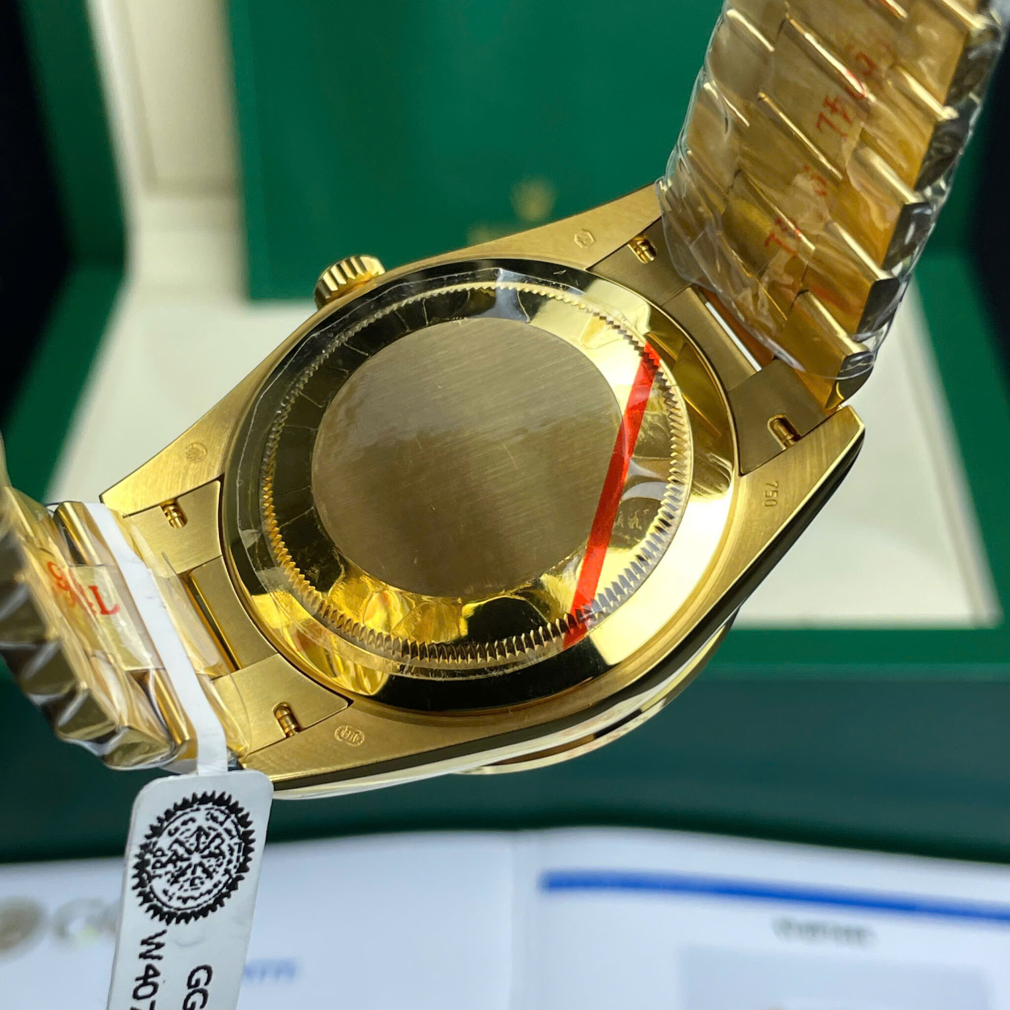 Rolex Day-Date 228398TRU 18K Yellow Gold Wrapped Custom Moissanite Dial Ruby Bezel Best Replica 40mm - Image 8