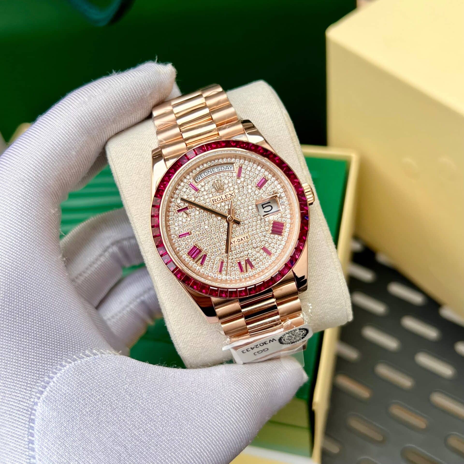 Rolex Day-Date 228398TRU 18K Gold Wrapped Custom Moissanite Dial Ruby Bezel GMF V3 Super Clone 40mm - Image 3