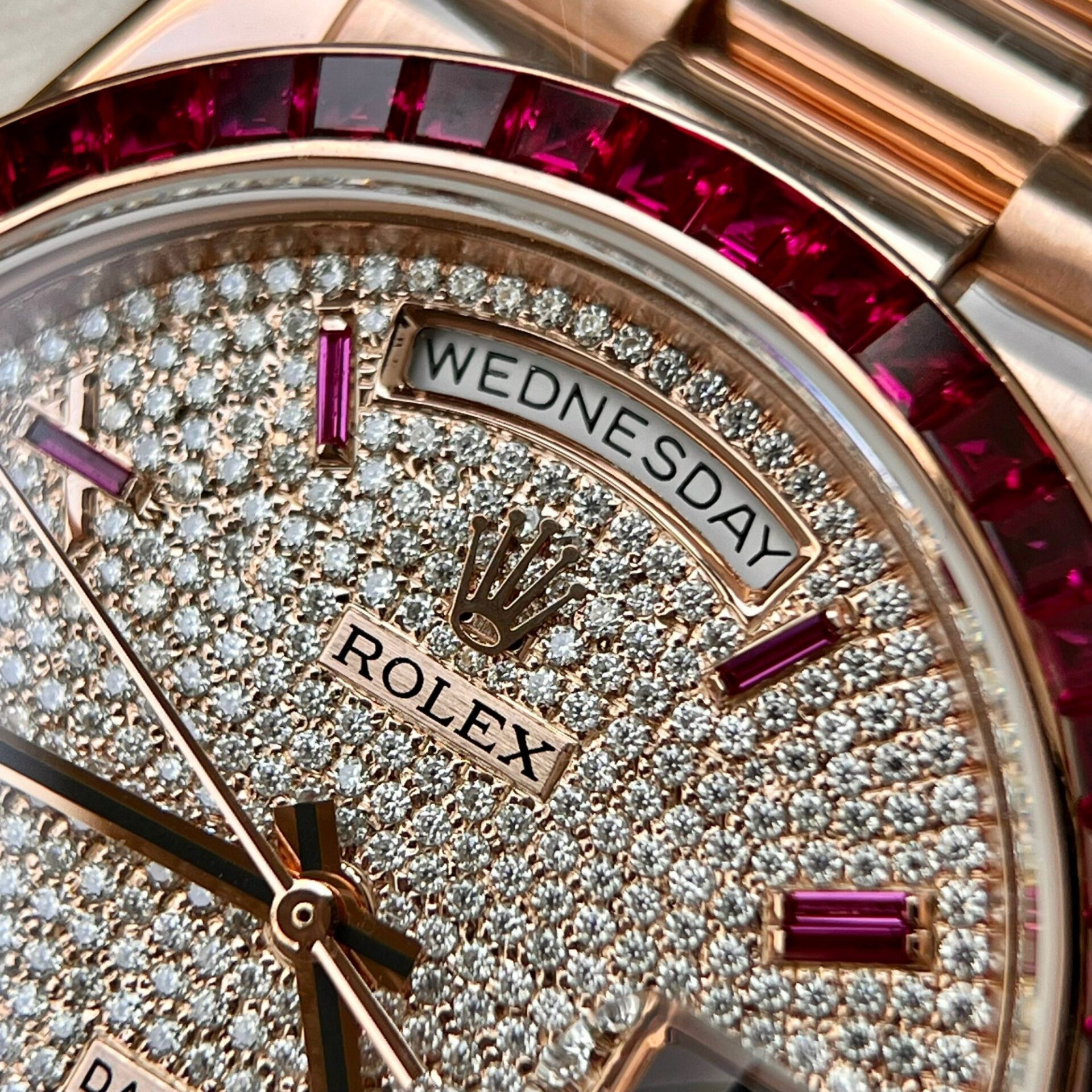 Rolex Day-Date 228398TRU 18K Gold Wrapped Custom Moissanite Dial Ruby Bezel GMF V3 Super Clone 40mm - Image 5