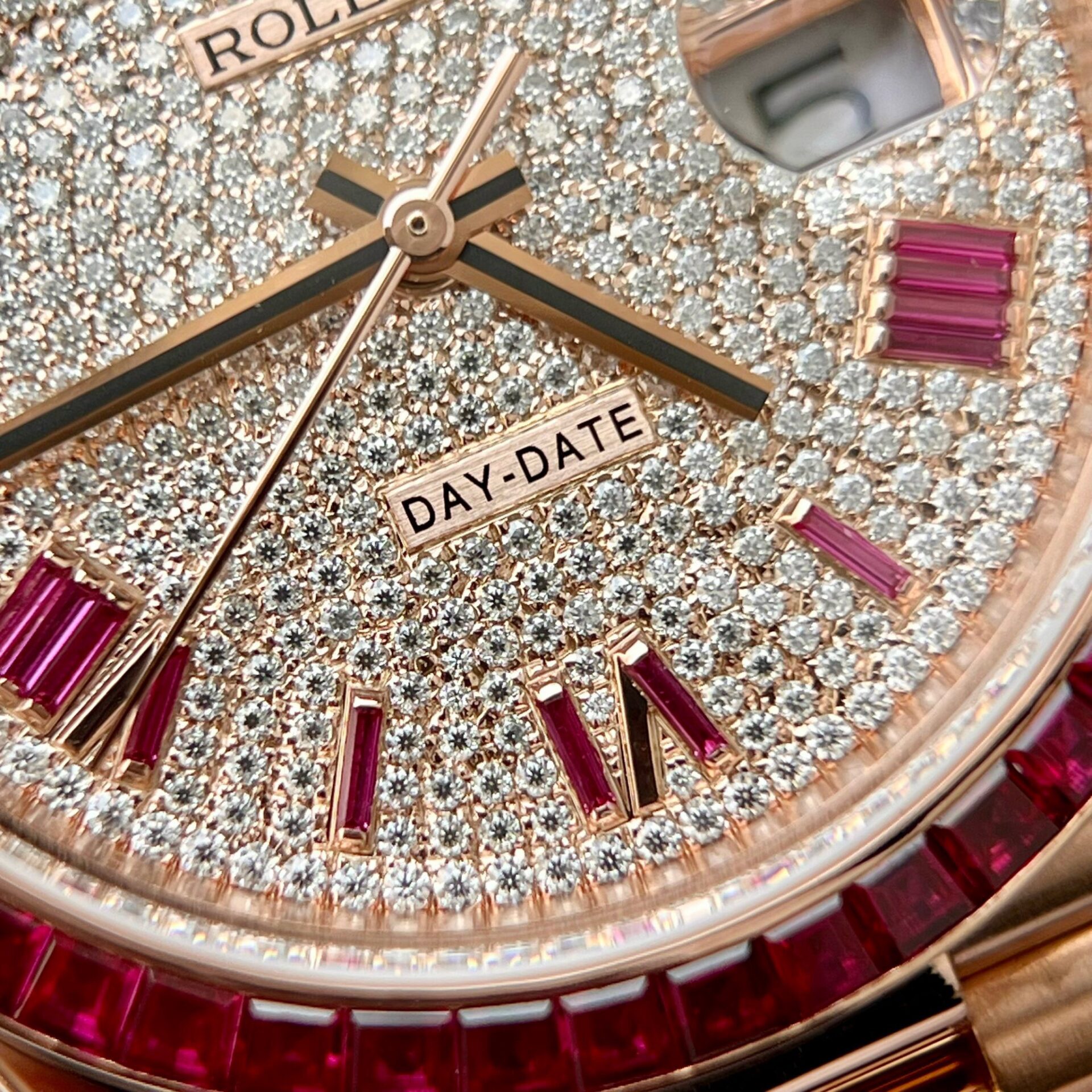 Rolex Day-Date 228398TRU 18K Gold Wrapped Custom Moissanite Dial Ruby Bezel GMF V3 Super Clone 40mm - Image 6