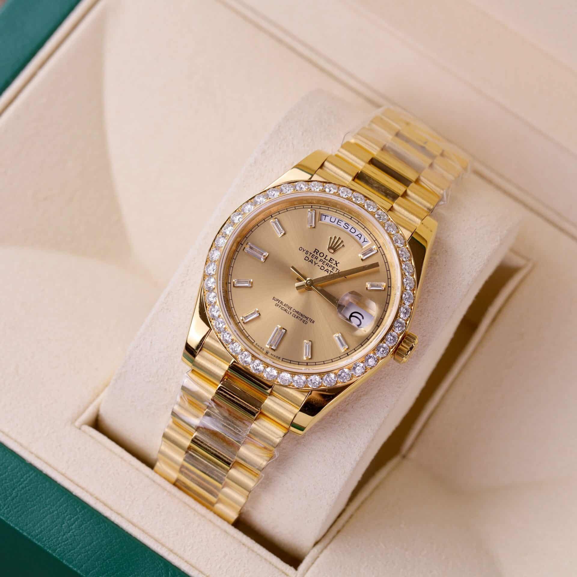 Rolex Day-Date 228348RBR 18K Yellow Gold Wrapped Champagne Baguette Diamond Dial Moissanite Bezel 173g GMF V3 40mm - Image 2