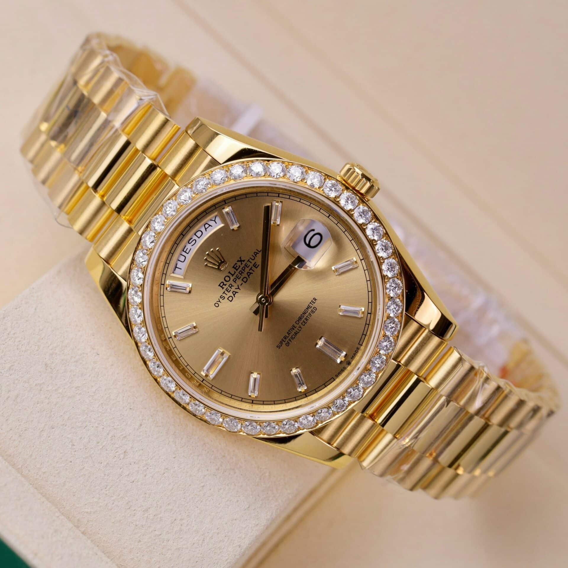 Rolex Day-Date 228348RBR 18K Yellow Gold Wrapped Champagne Baguette Diamond Dial Moissanite Bezel 173g GMF V3 40mm - Image 3