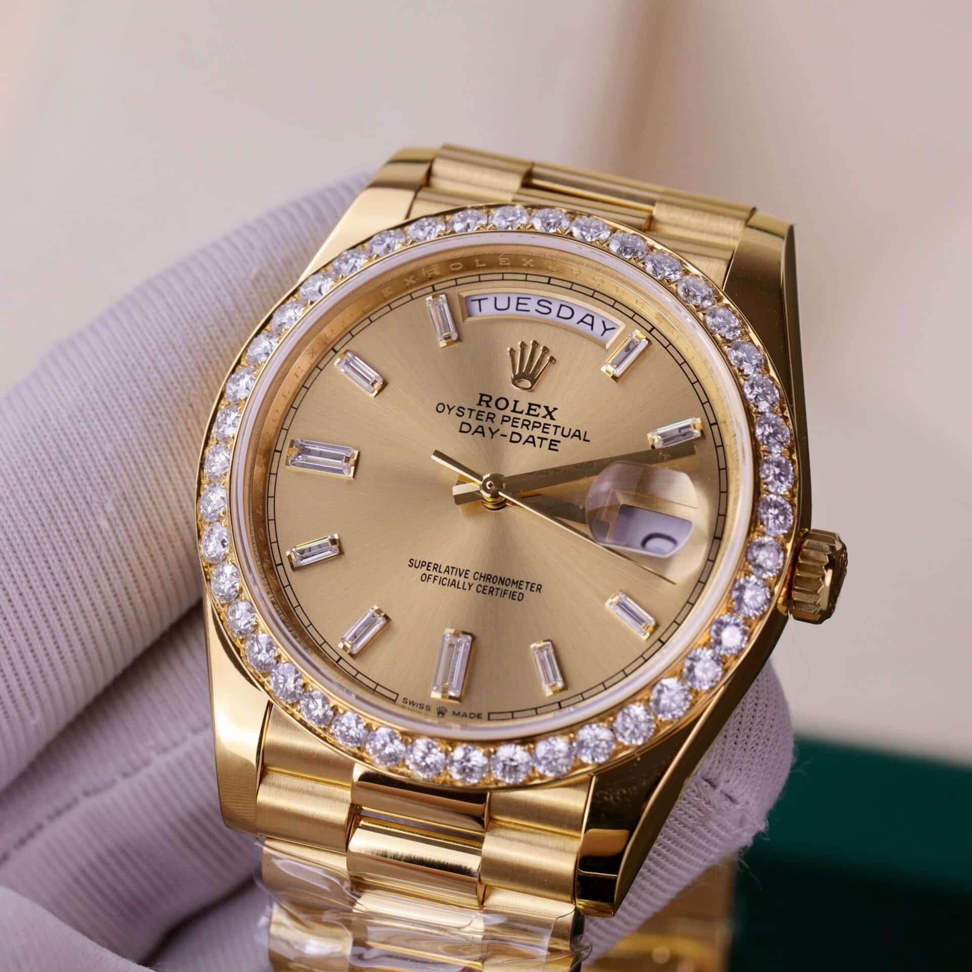 Rolex Day-Date 228348RBR 18K Yellow Gold Wrapped Champagne Baguette Diamond Dial Moissanite Bezel 173g GMF V3 40mm - Image 4