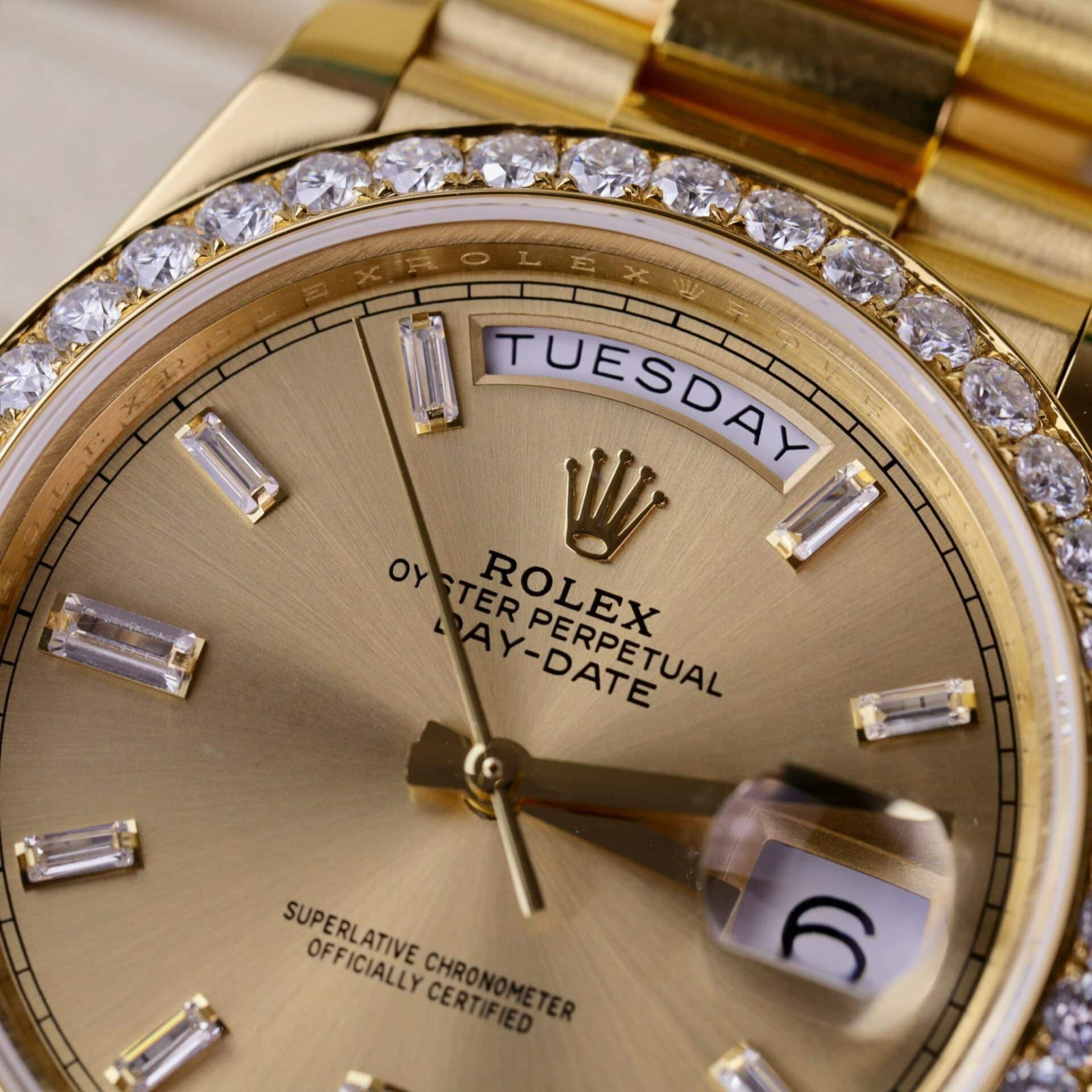Rolex Day-Date 228348RBR 18K Yellow Gold Wrapped Champagne Baguette Diamond Dial Moissanite Bezel 173g GMF V3 40mm - Image 5