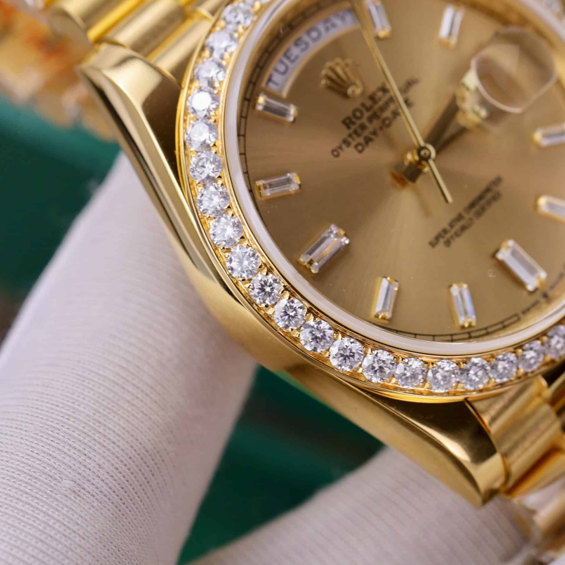 Rolex Day-Date 228348RBR 18K Yellow Gold Wrapped Champagne Baguette Diamond Dial Moissanite Bezel 173g GMF V3 40mm - Image 6
