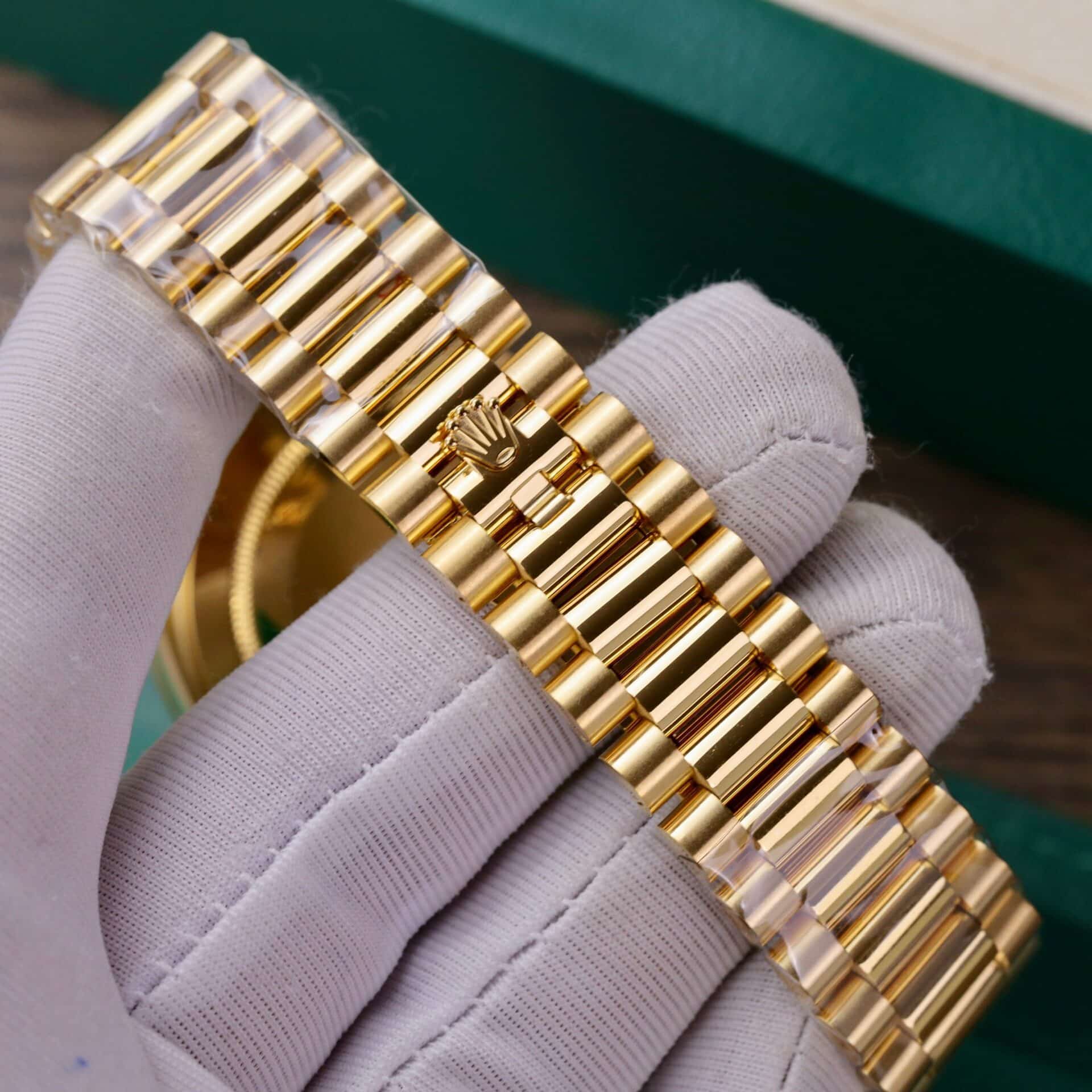 Rolex Day-Date 228348RBR 18K Yellow Gold Wrapped Champagne Baguette Diamond Dial Moissanite Bezel 173g GMF V3 40mm - Image 10