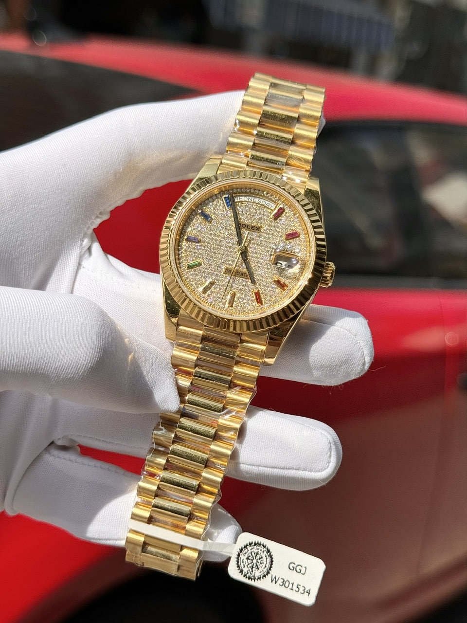 Rolex Day-Date 40 18k Yellow Gold Wrapped Diamond Paved Dial Rainbow GMF V3 Super Clone 40mm - Image 2