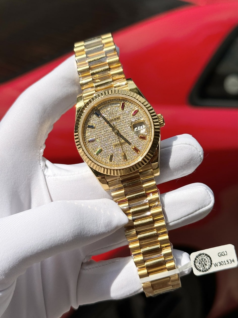 Rolex Day-Date 40 18k Yellow Gold Wrapped Diamond Paved Dial Rainbow GMF V3 Super Clone 40mm - Image 3