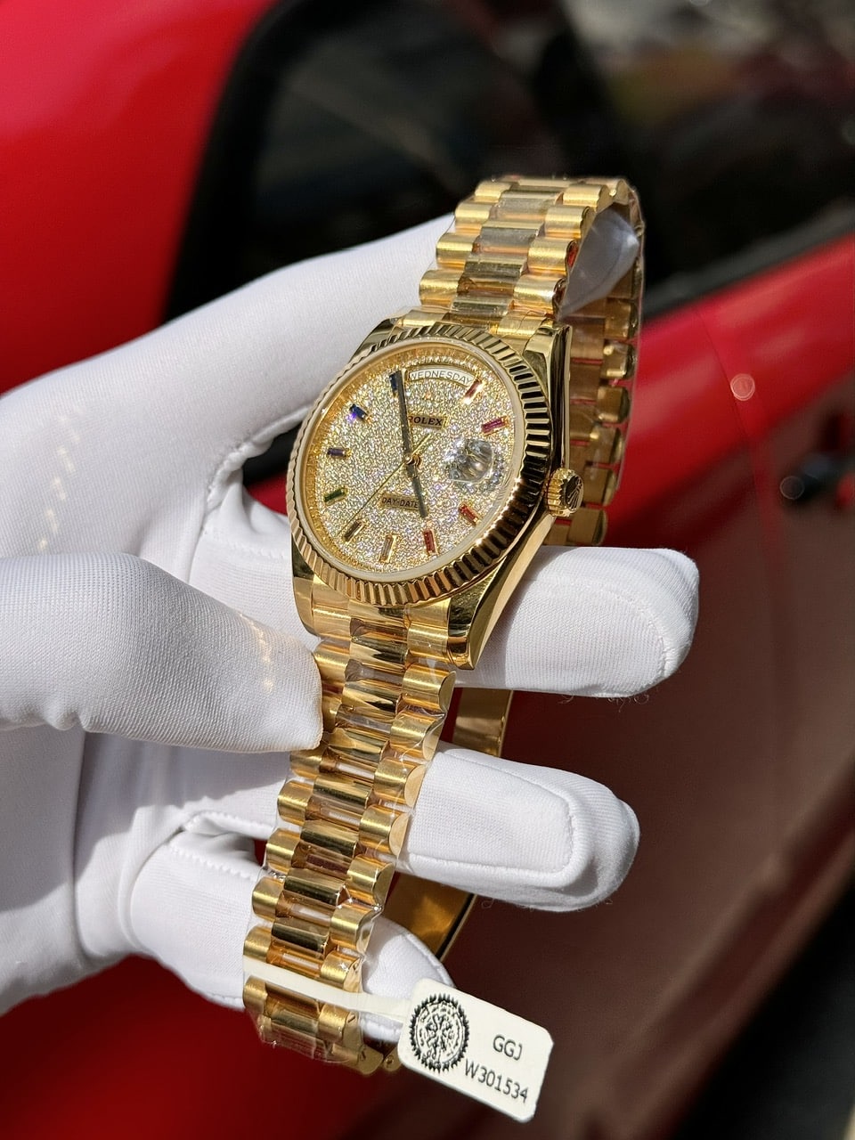 Rolex Day-Date 40 18k Yellow Gold Wrapped Diamond Paved Dial Rainbow GMF V3 Super Clone 40mm - Image 5