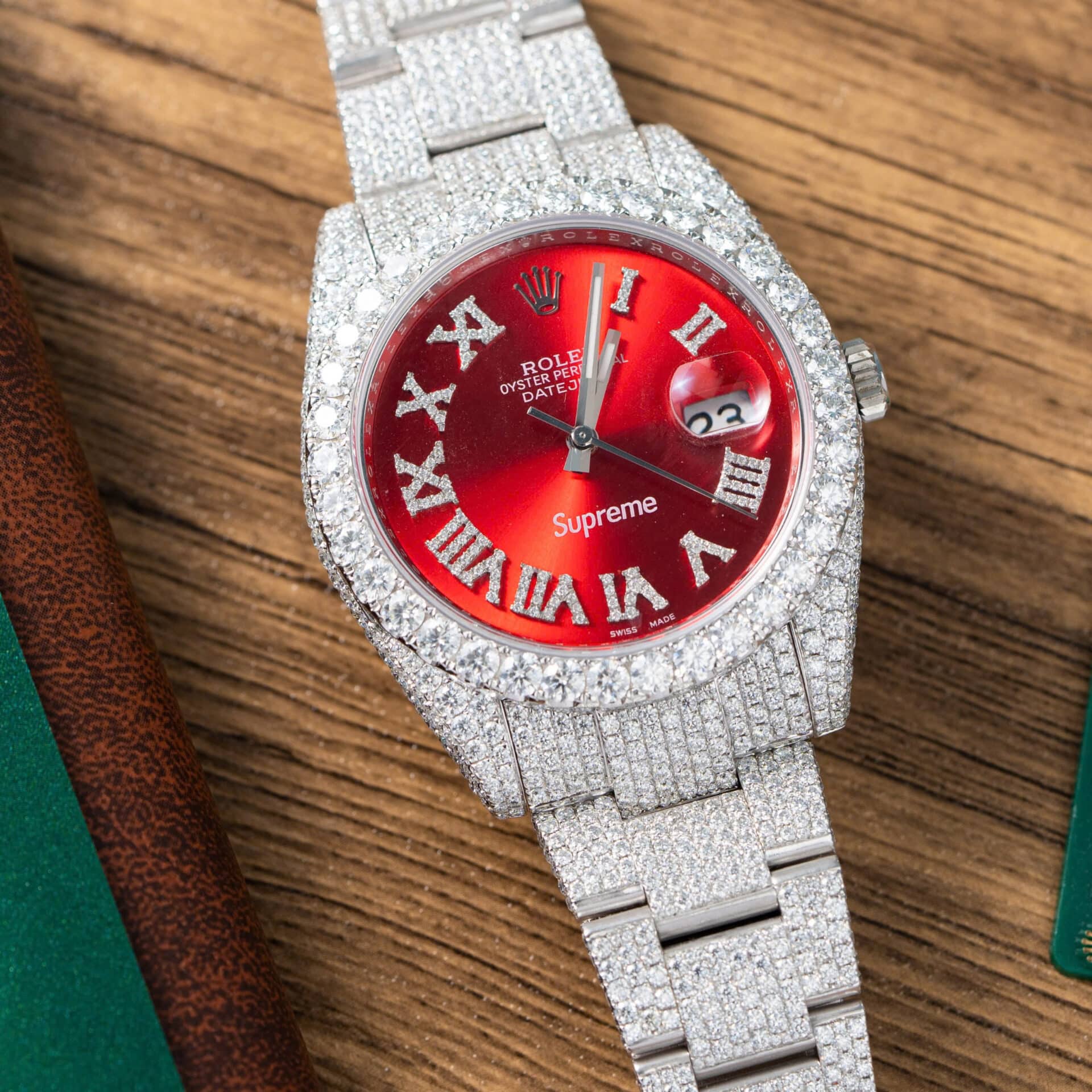Rolex Datejust Red Roman Dial Iced Out Moissanite Best Replica 41mm - Image 2