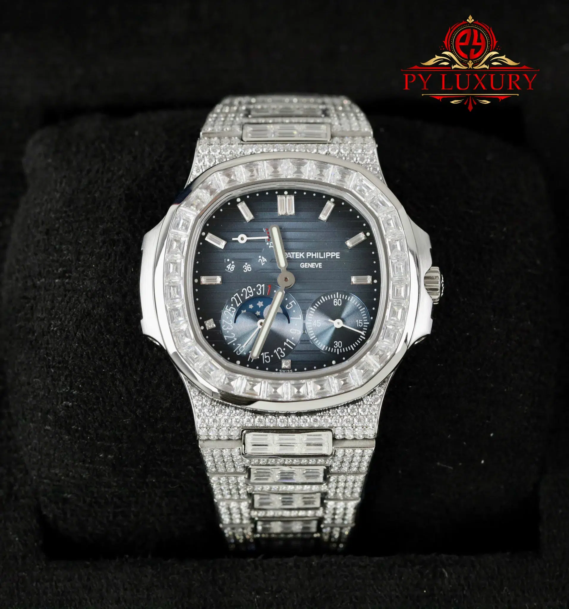 Patek Philippe Nautilus 5712/1A Blue Dial Custom Baguette Moissanite 1:1 Best Copy PPF 40mm - Image 2