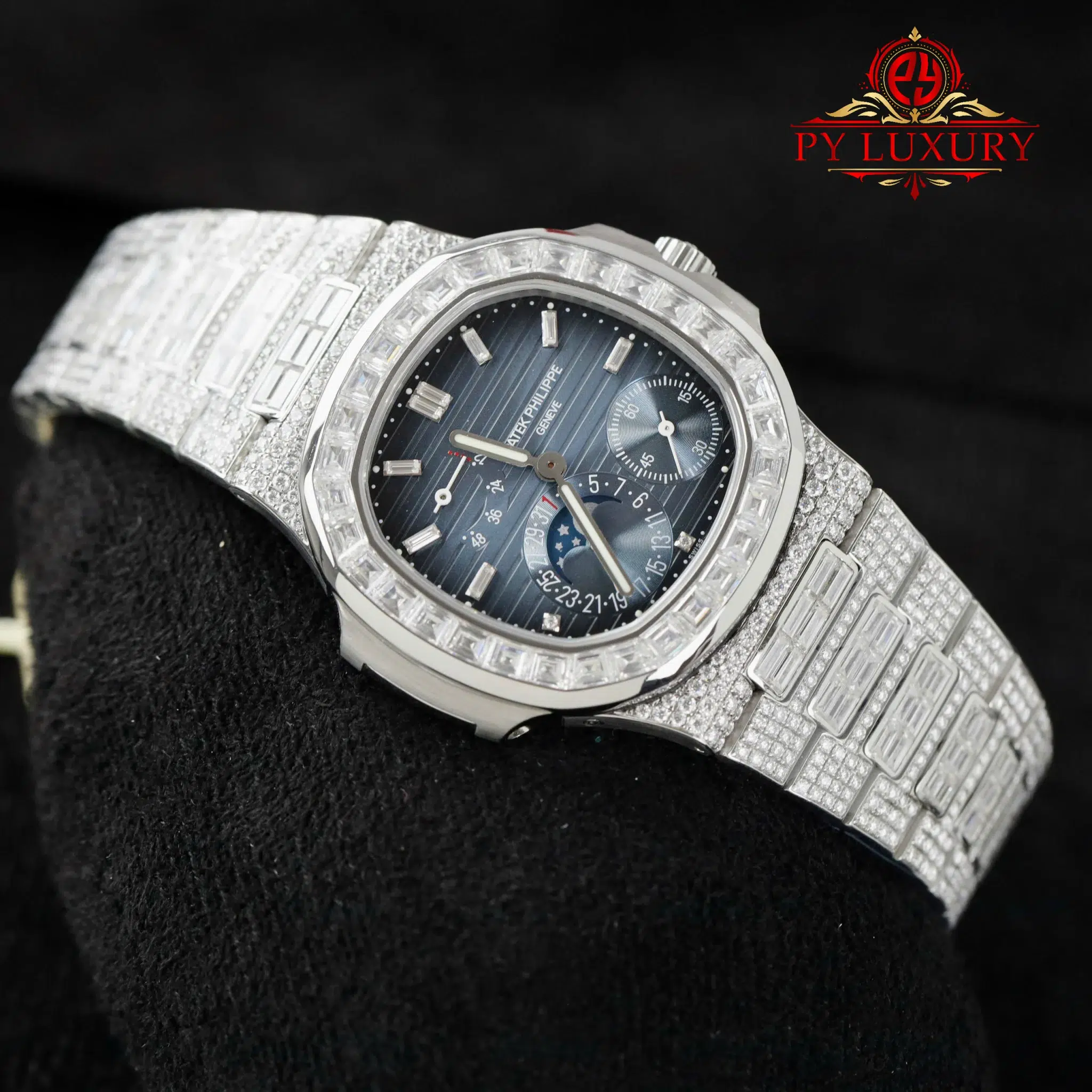 Patek Philippe Nautilus 5712/1A Blue Dial Custom Baguette Moissanite 1:1 Best Copy PPF 40mm - Image 3