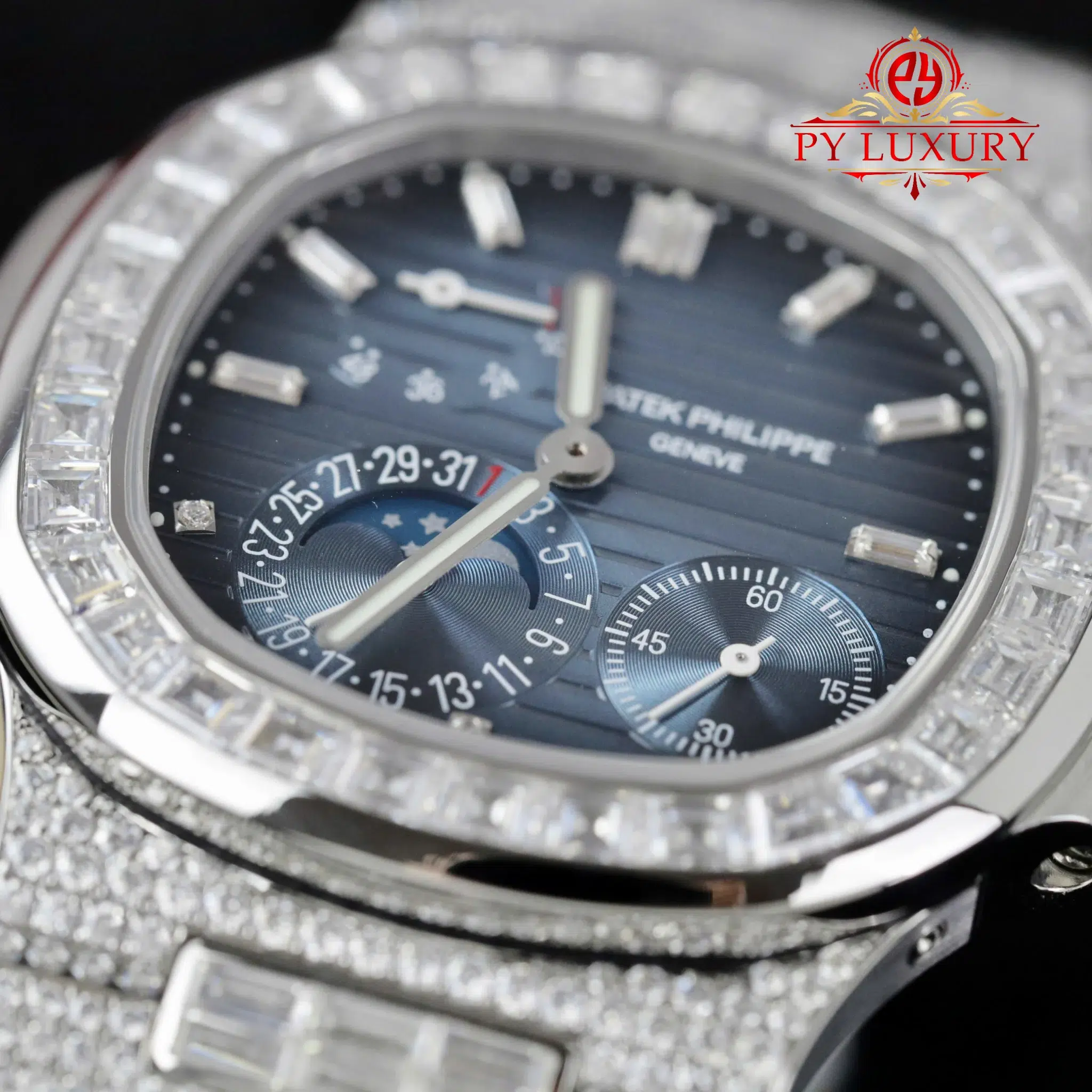 Patek Philippe Nautilus 5712/1A Blue Dial Custom Baguette Moissanite 1:1 Best Copy PPF 40mm - Image 5