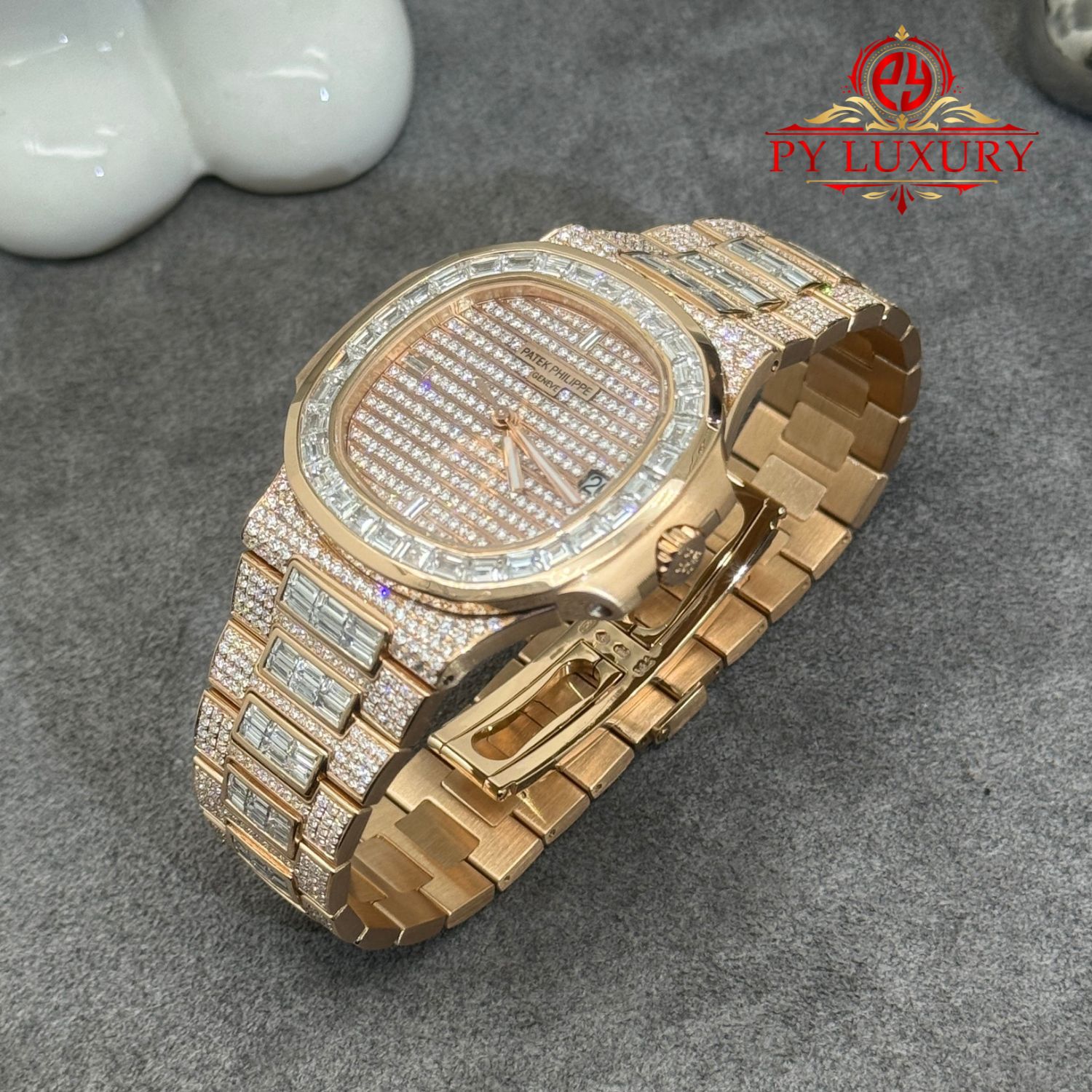 Patek Philippe Nautilus 5719/10R-010 1:1 Custom Made Full 18K Solid Rose Gold Iced Out Diamonds 40mm - Image 5