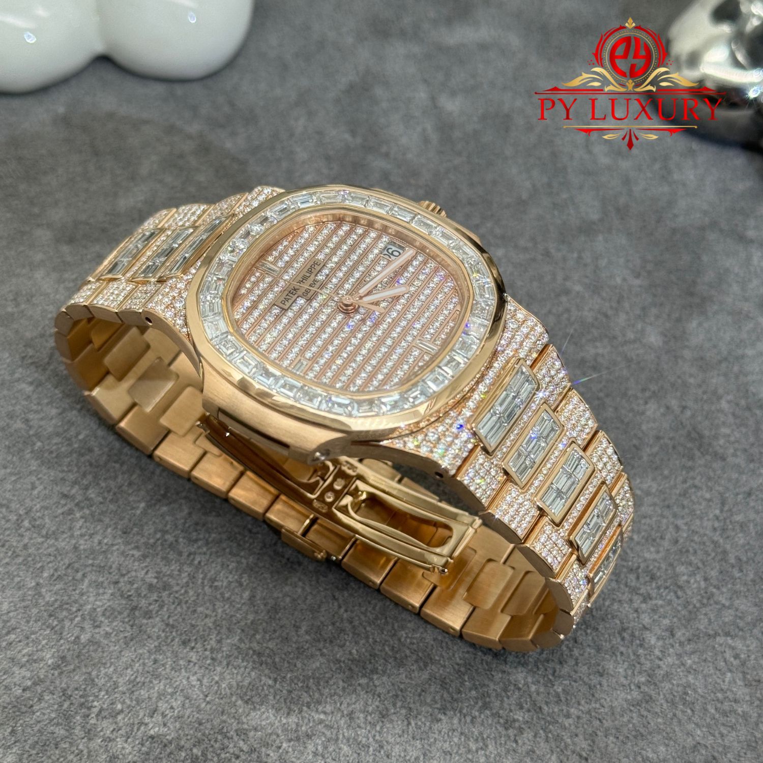 Patek Philippe Nautilus 5719/10R-010 1:1 Custom Made Full 18K Solid Rose Gold Iced Out Diamonds 40mm - Image 6