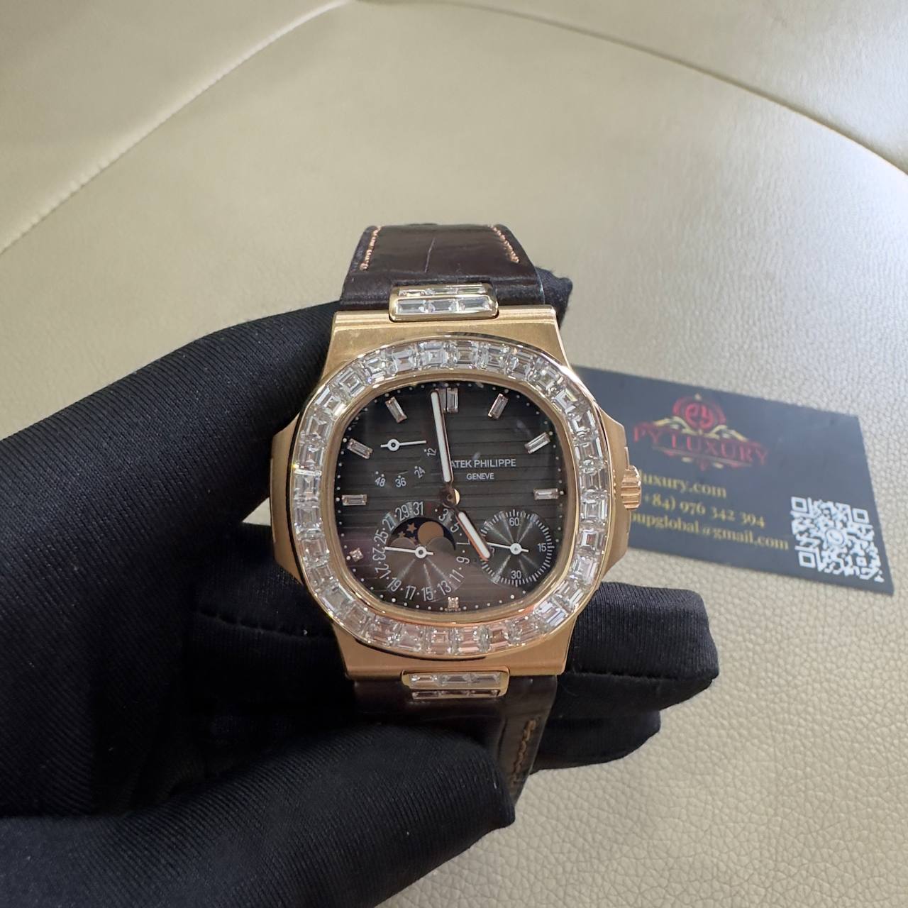 Patek Philippe Nautilus 5724R-001 Pure 18K Solid Gold Custom Baguette Diamonds Crocodile Leather Strap 40mm