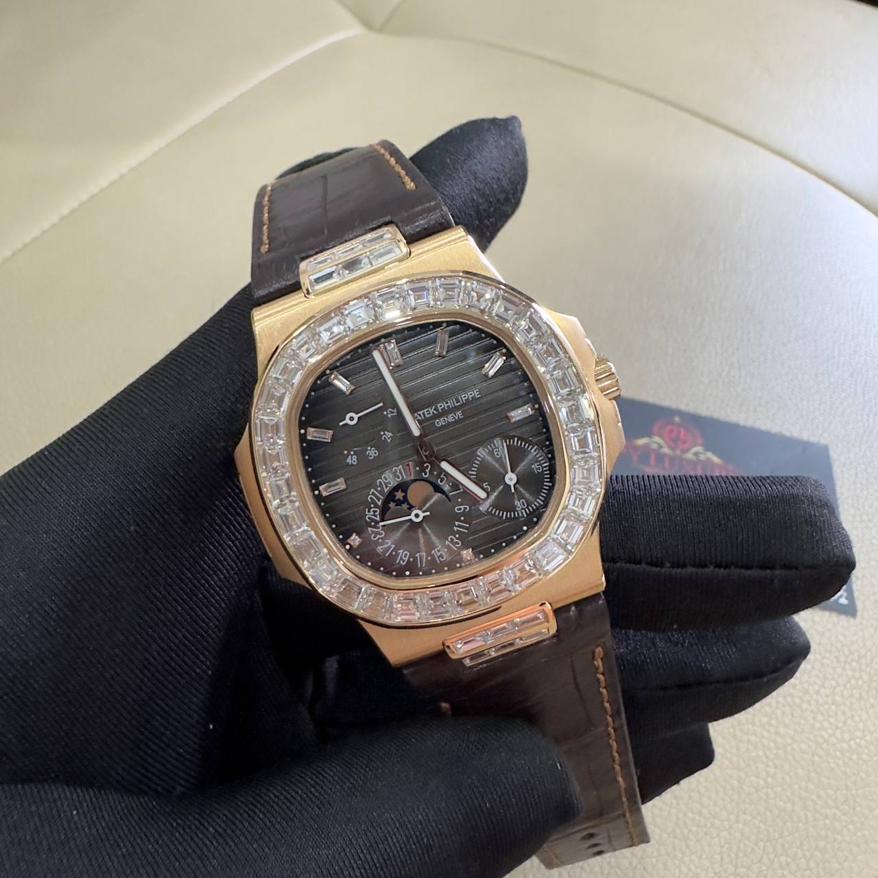 Patek Philippe Nautilus 5724R-001 Pure 18K Solid Gold Custom Baguette Diamonds Crocodile Leather Strap 40mm - Image 2