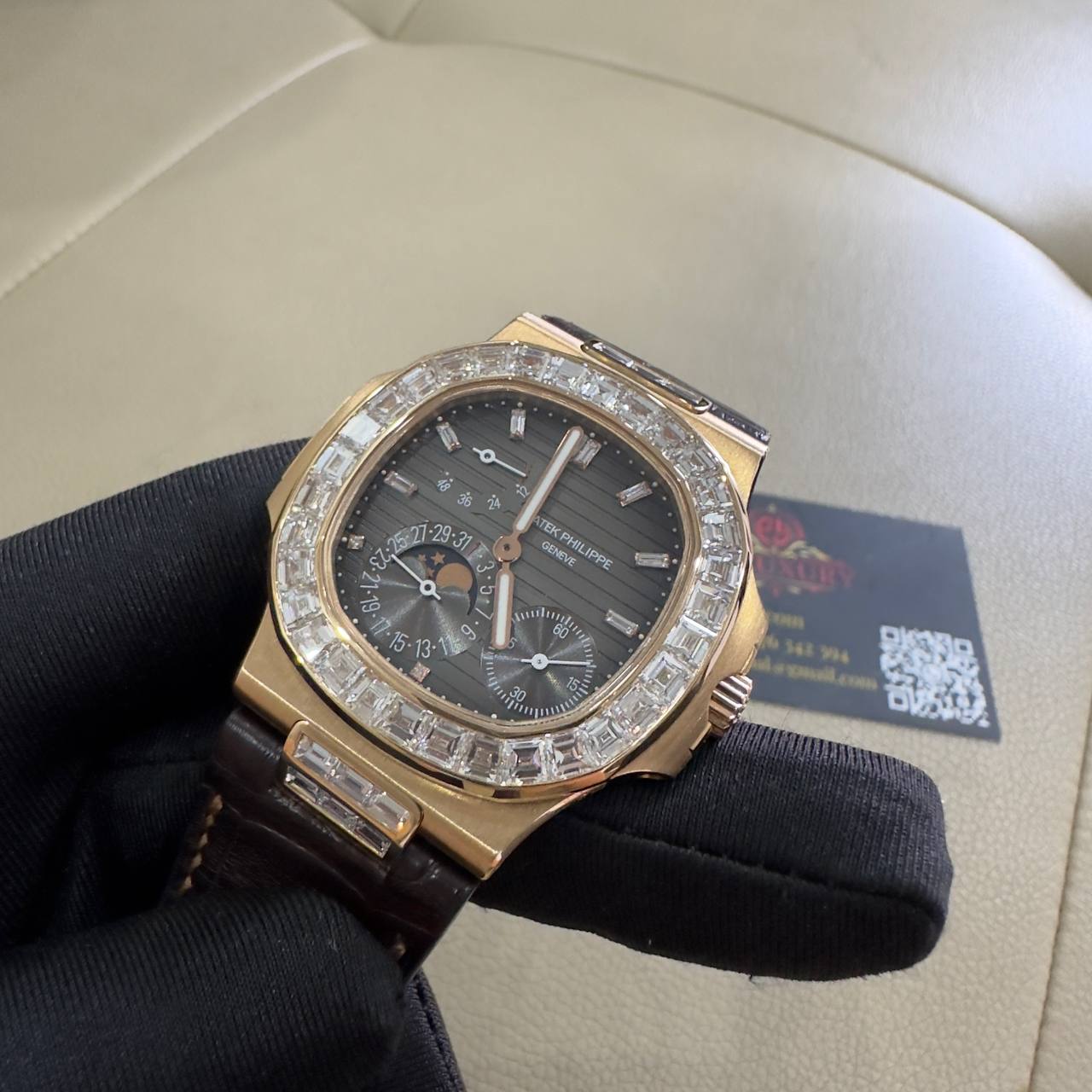 Patek Philippe Nautilus 5724R-001 Pure 18K Solid Gold Custom Baguette Diamonds Crocodile Leather Strap 40mm - Image 3