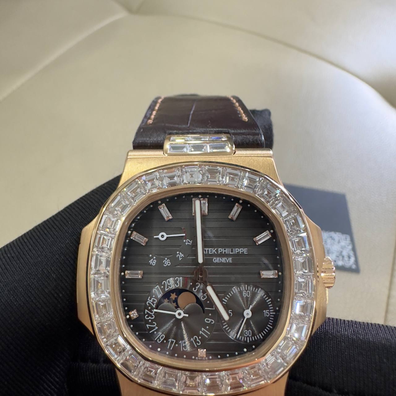 Patek Philippe Nautilus 5724R-001 Pure 18K Solid Gold Custom Baguette Diamonds Crocodile Leather Strap 40mm - Image 6