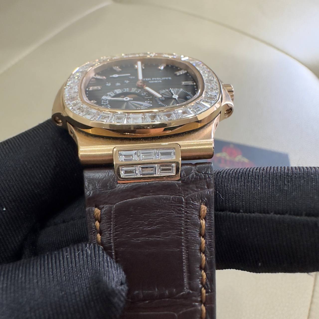 Patek Philippe Nautilus 5724R-001 Pure 18K Solid Gold Custom Baguette Diamonds Crocodile Leather Strap 40mm - Image 9