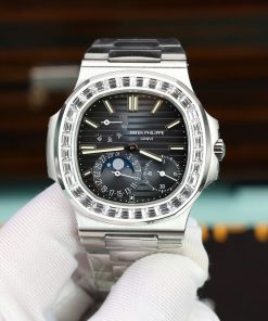 Patek Philippe Nautilus 5712 Blue Dial Baguette Stone Bezel Bracelet Full Functions PPF Best Replica 40mm