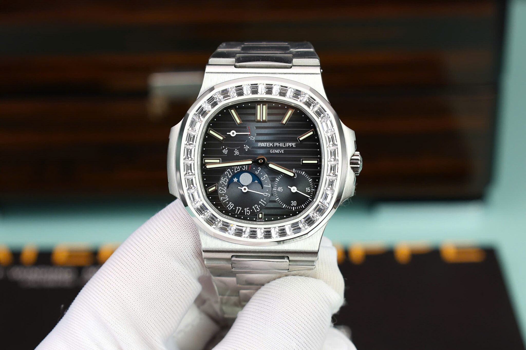 Patek Philippe Nautilus 5712 Blue Dial Baguette Stone Bezel Bracelet Full Functions PPF Best Replica 40mm