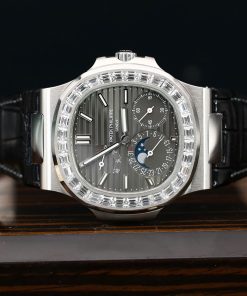 Patek Philippe Nautilus 5712G Grey Dial Baguette Stone Bezel Full Functions PPF Best Replica 40mm