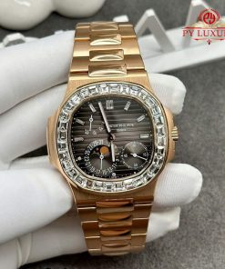 Patek Philippe Nautilus 5724 Grey Dial Custom 18K Solid Gold Baguette Diamonds Bezel 40mm