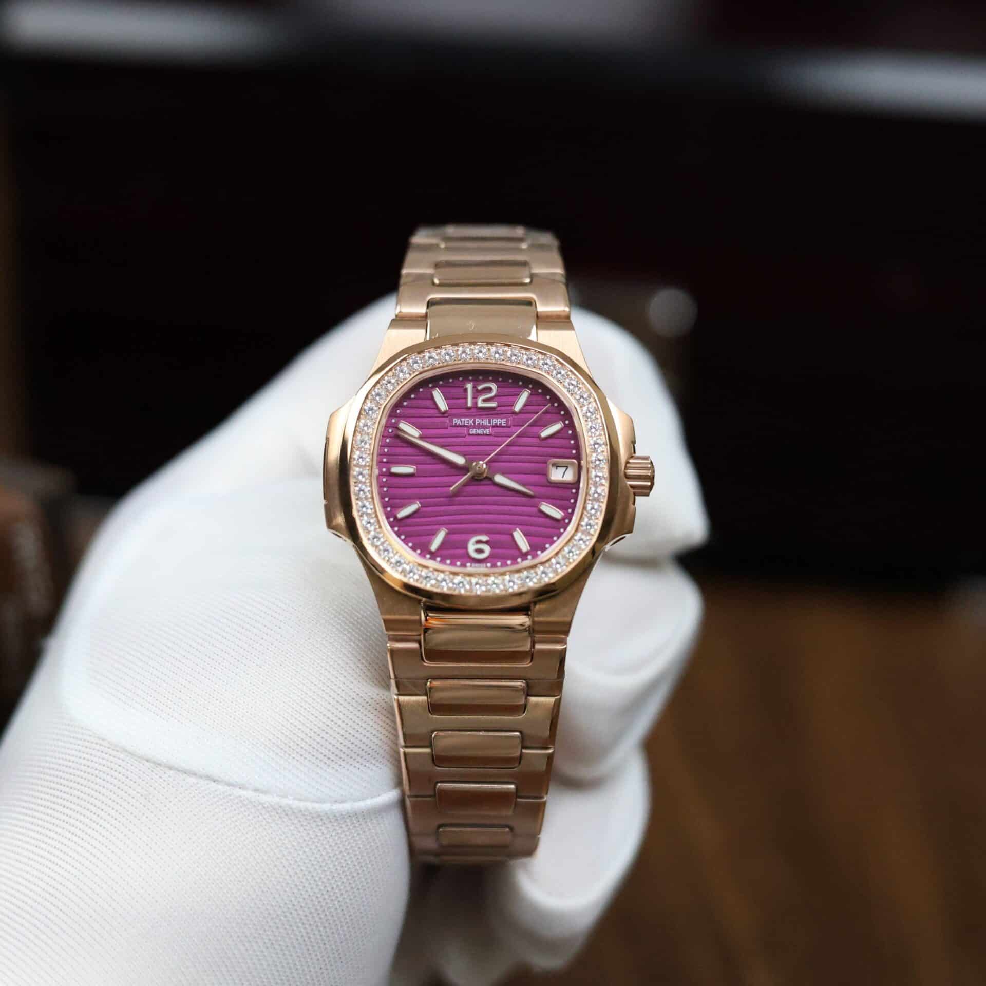 Patek Philippe Nautilus 7010/1R Rose Gold Purple Dial Diamond Bezel Replica GRF 32mm