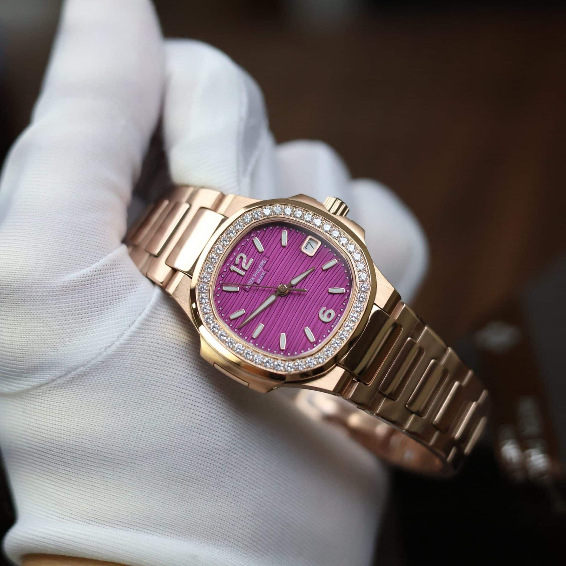 Patek Philippe Nautilus 7010/1R Rose Gold Purple Dial Diamond Bezel Replica GRF 32mm - Image 5