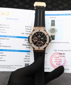 Hublot Big Bang Chronograph King Gold Black Dial Custom Moissanite Bezel Replica 41mm