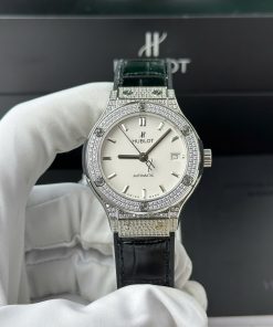 Hublot Classic Fusion Titanium Diamond Pavé White Dial Black Leather Strap Replica 38mm