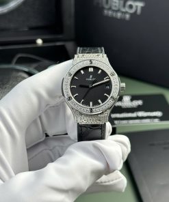 Hublot Classic Fusion Titanium Pavé Black Dial Leather Strap Ladies Replica 33mm