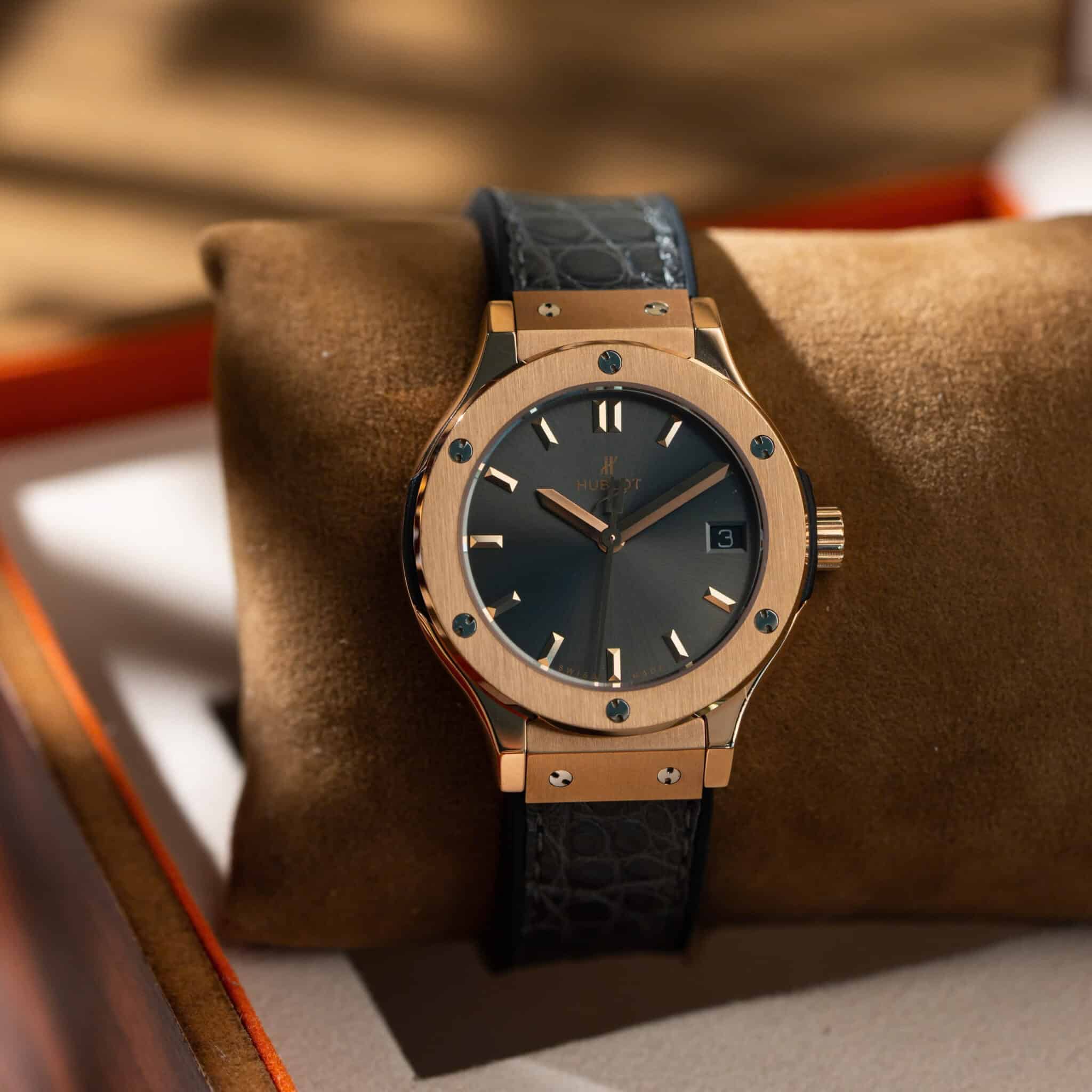 Hublot Classic Fusion King Gold Grey Dial Leather Strap Lady Watch Replica 33mm